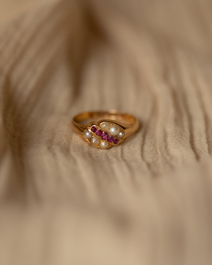 Elizabeth 1865 Antique 18ct Gold Ruby & Pearl Ring