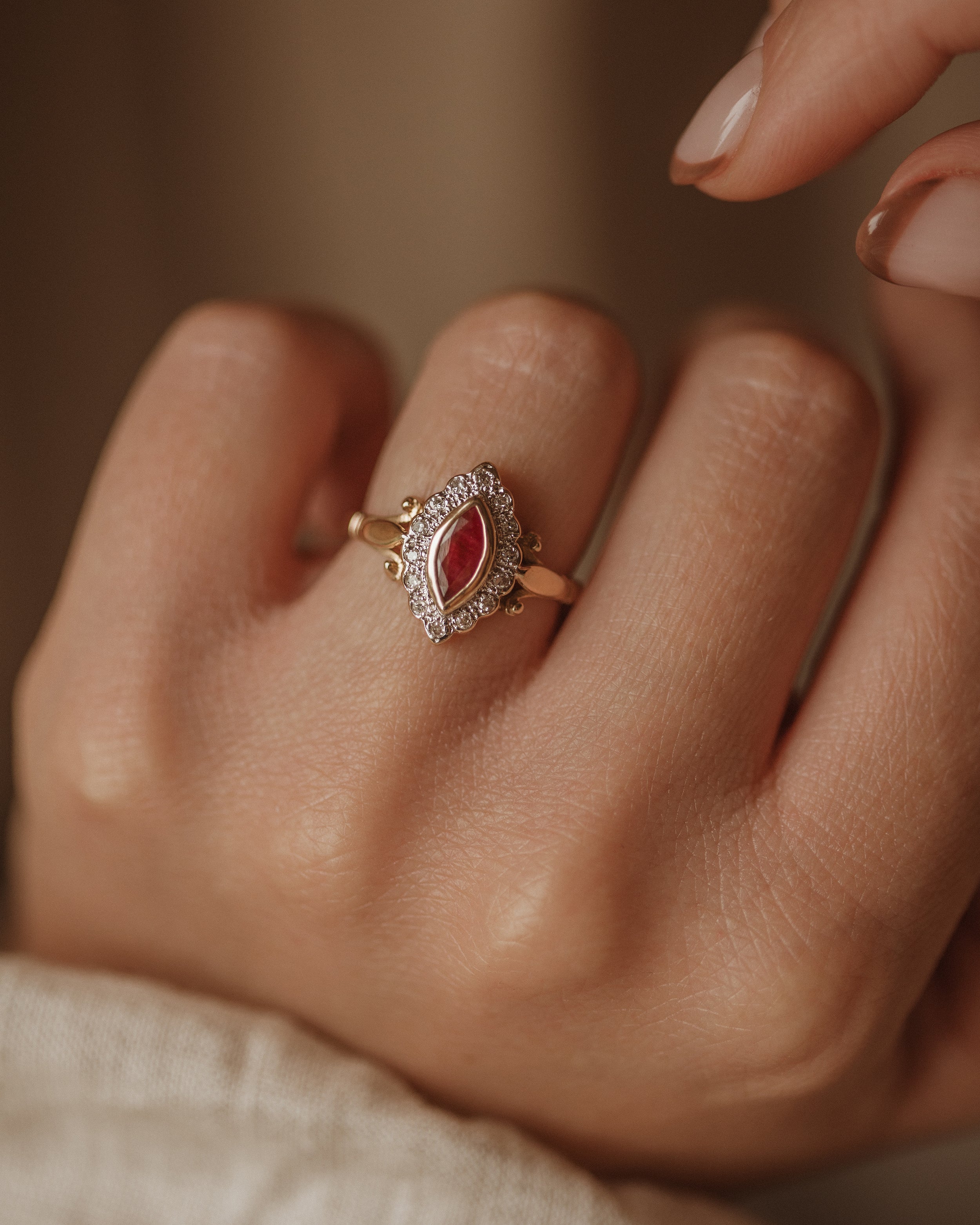 Image of Irina Vintage 9ct Gold Ruby & Diamond Marquise Cluster Ring