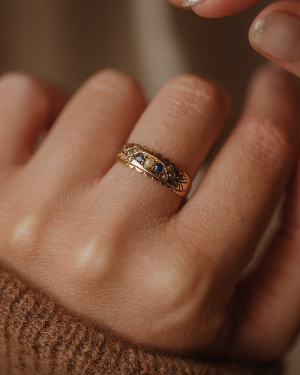 Elisabeth 1894 Victorian Antique 15ct Gold Sapphire & Pearl Ring