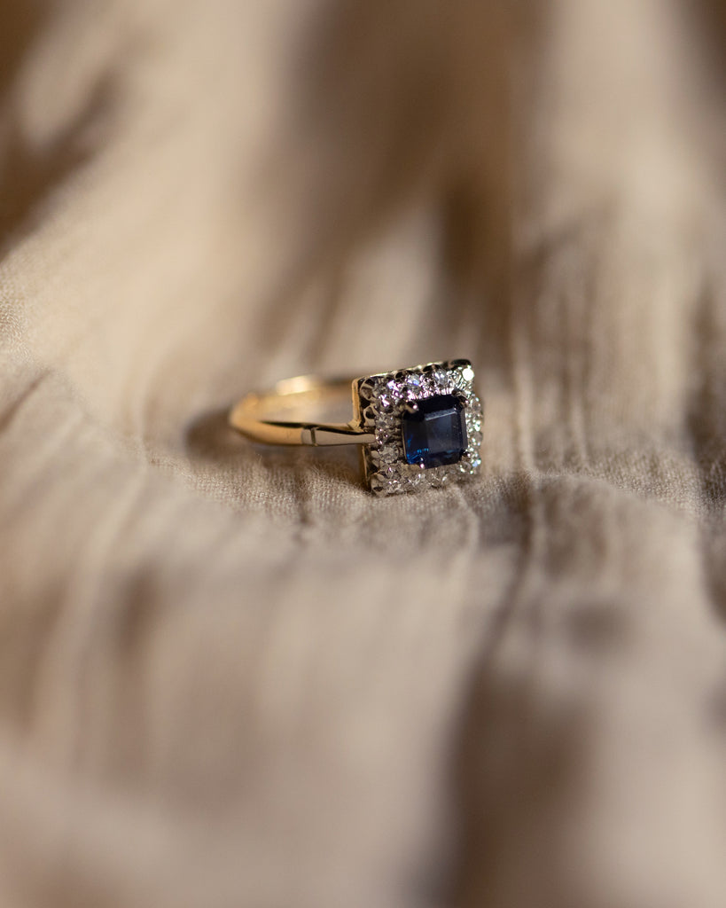 Esther Vintage 18ct Gold Sapphire & Diamond Square Cluster Ring