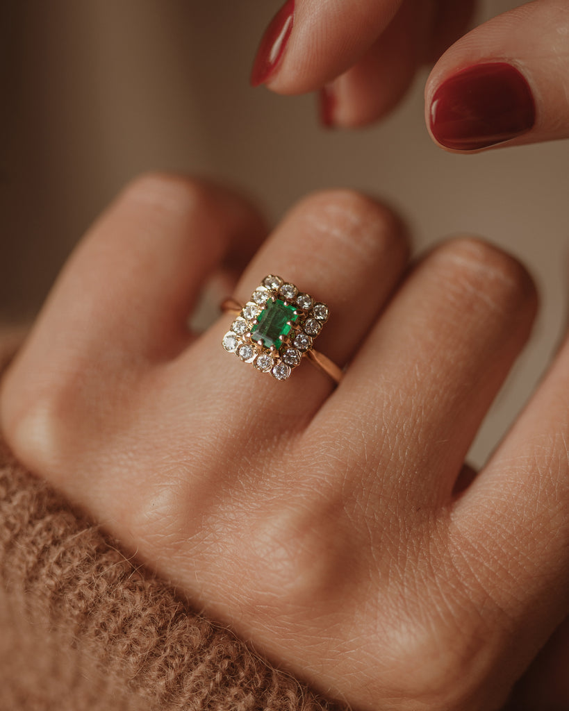 Greta 18ct Gold Emerald & Diamond Rectangular Cluster Ring