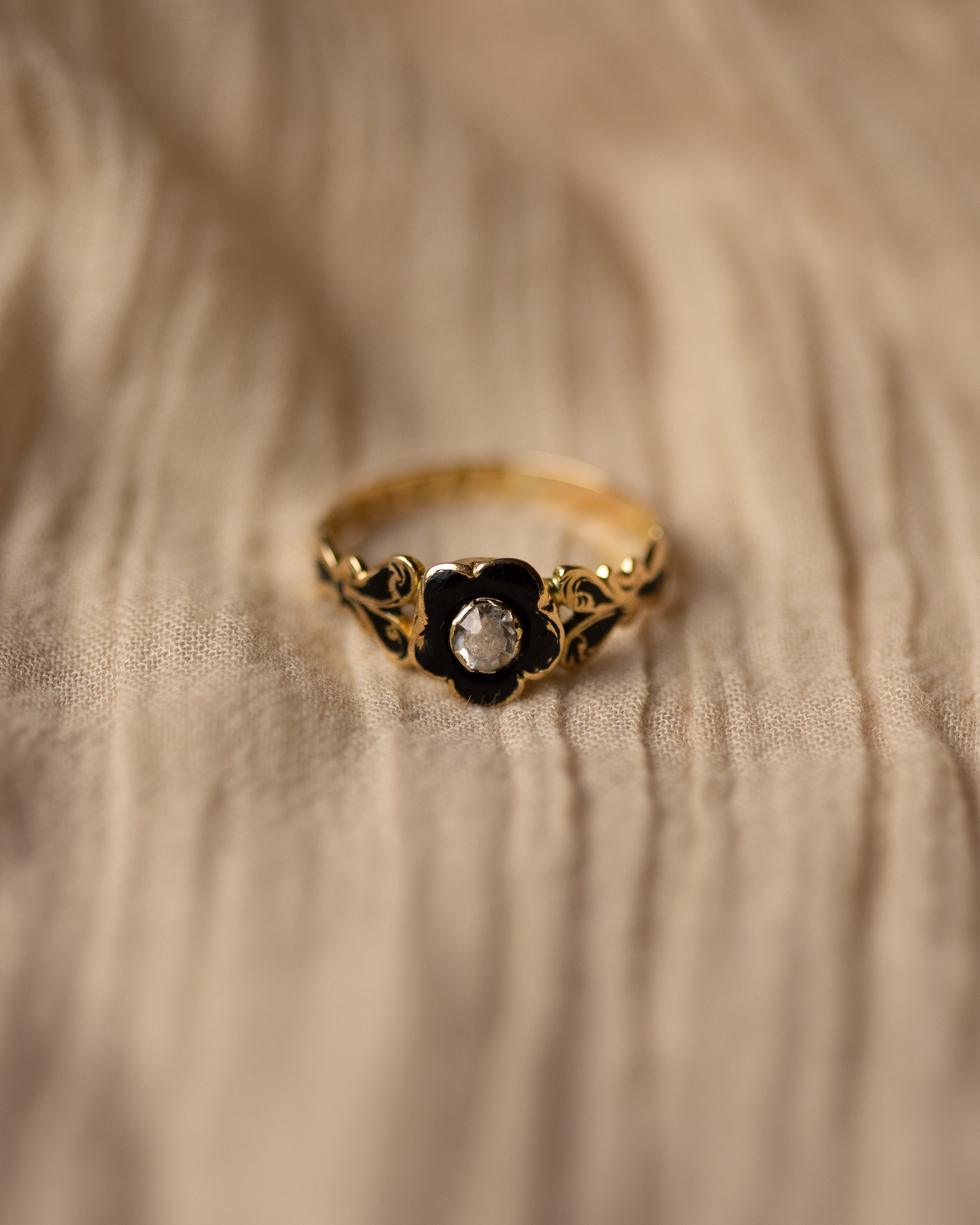 Euphemia 1854 Antique 18ct Gold Enamel & Paste Flower Mourning Ring
