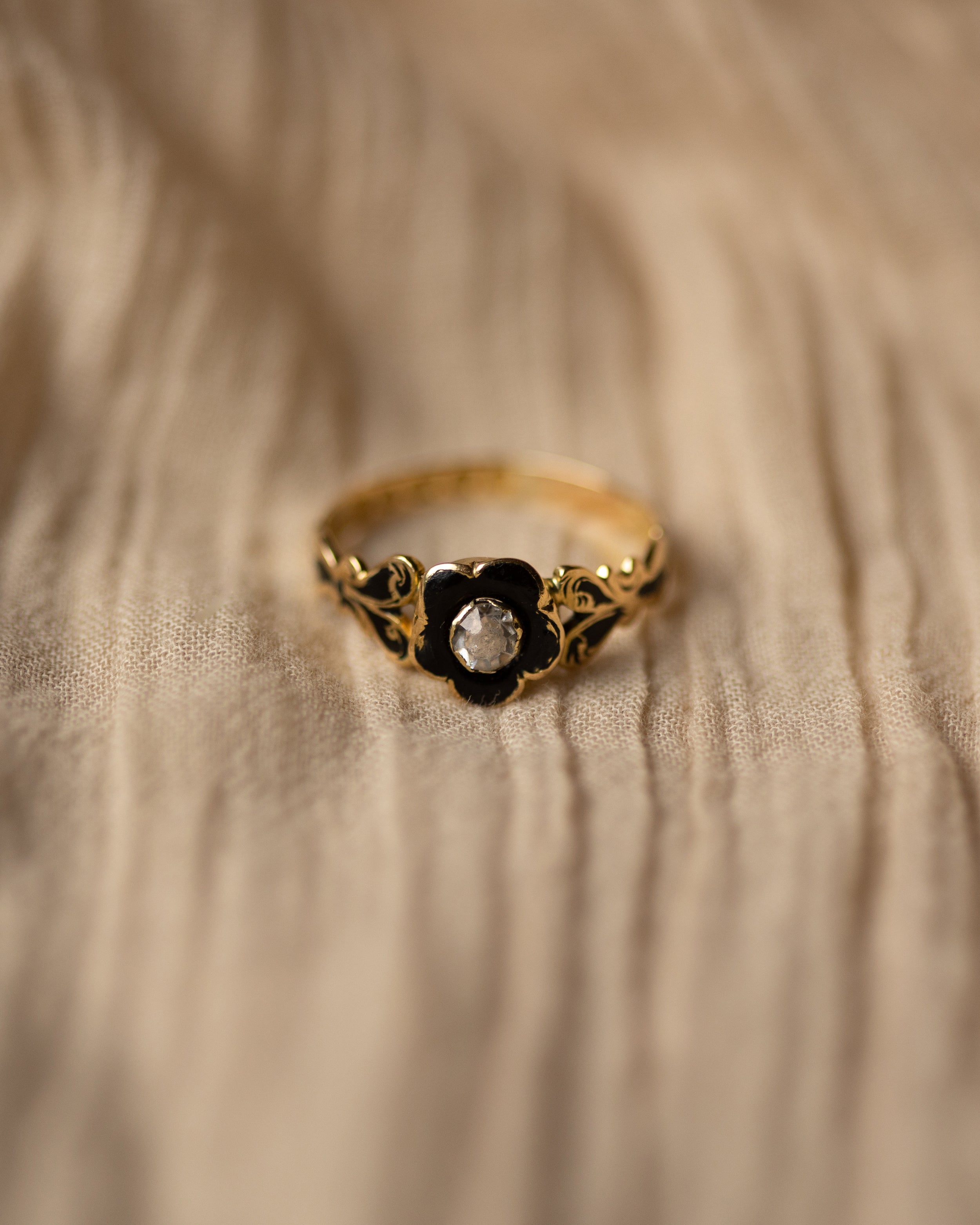 Image of Euphemia 1854 Antique 18ct Gold Enamel & Paste Flower Mourning Ring