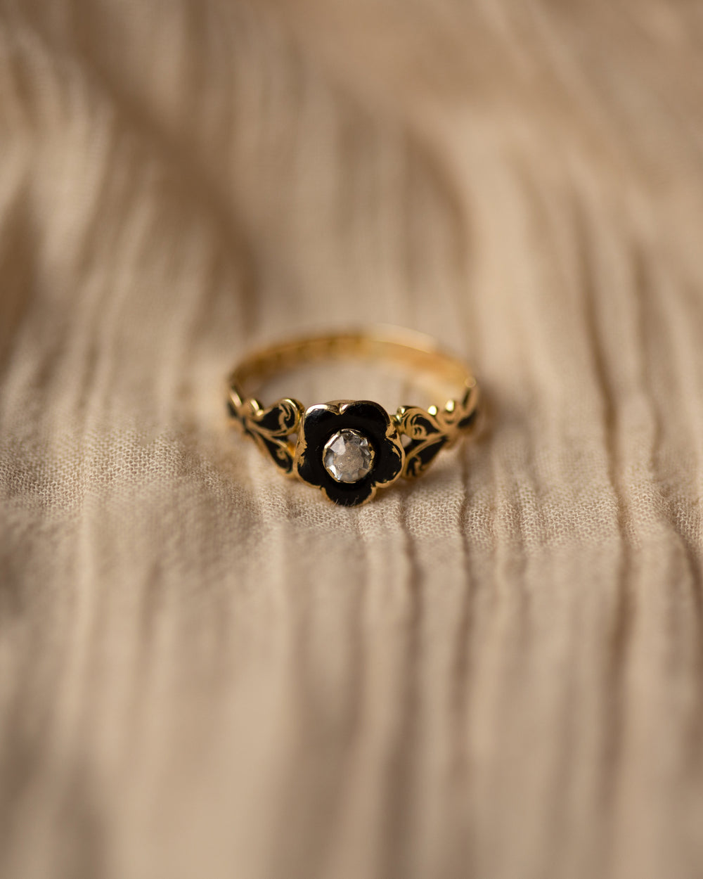 Euphemia 1854 Antique 18ct Gold Enamel & Paste Flower Mourning Ring