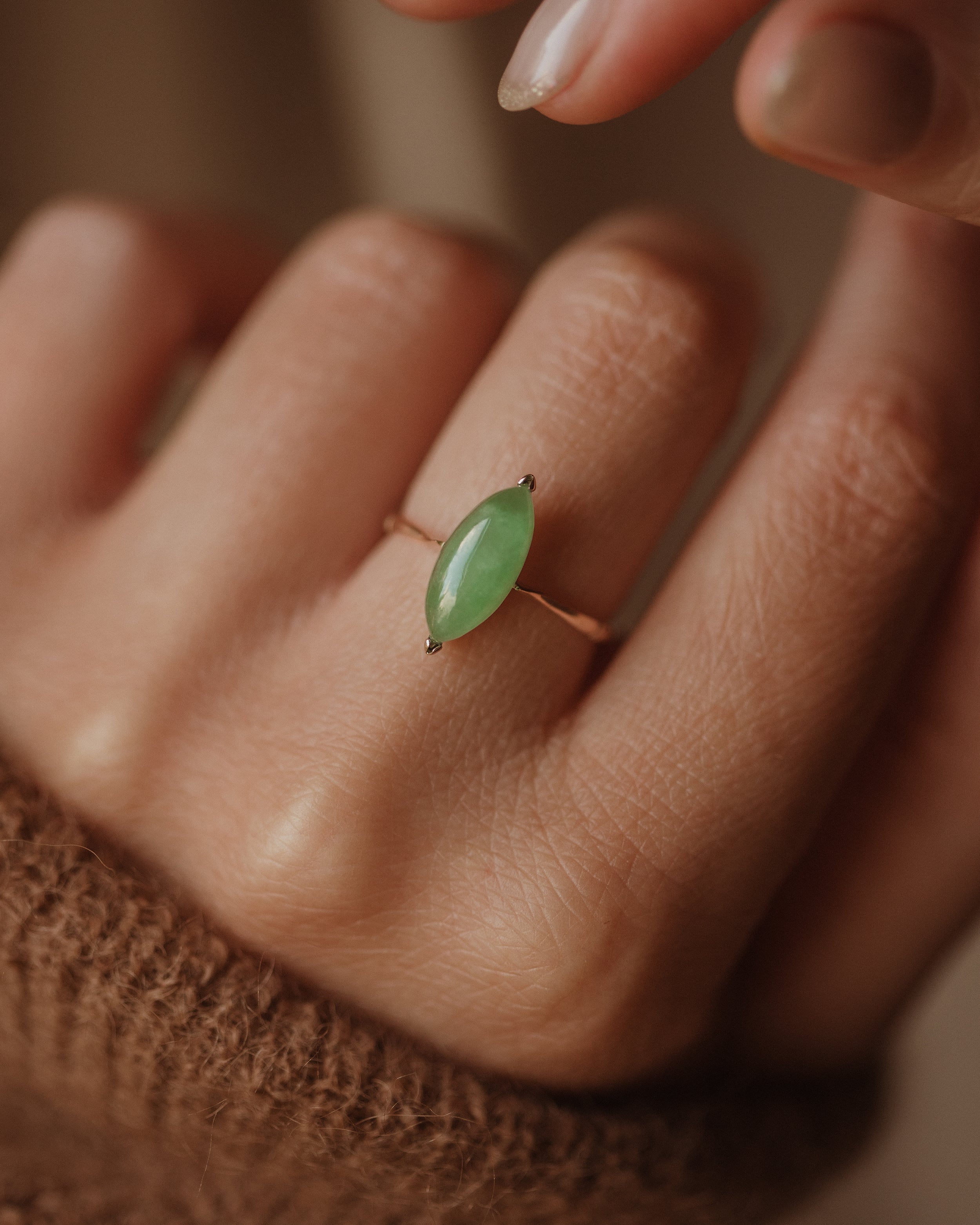 Image of Edie Vintage 9ct Gold Jade Navette Ring