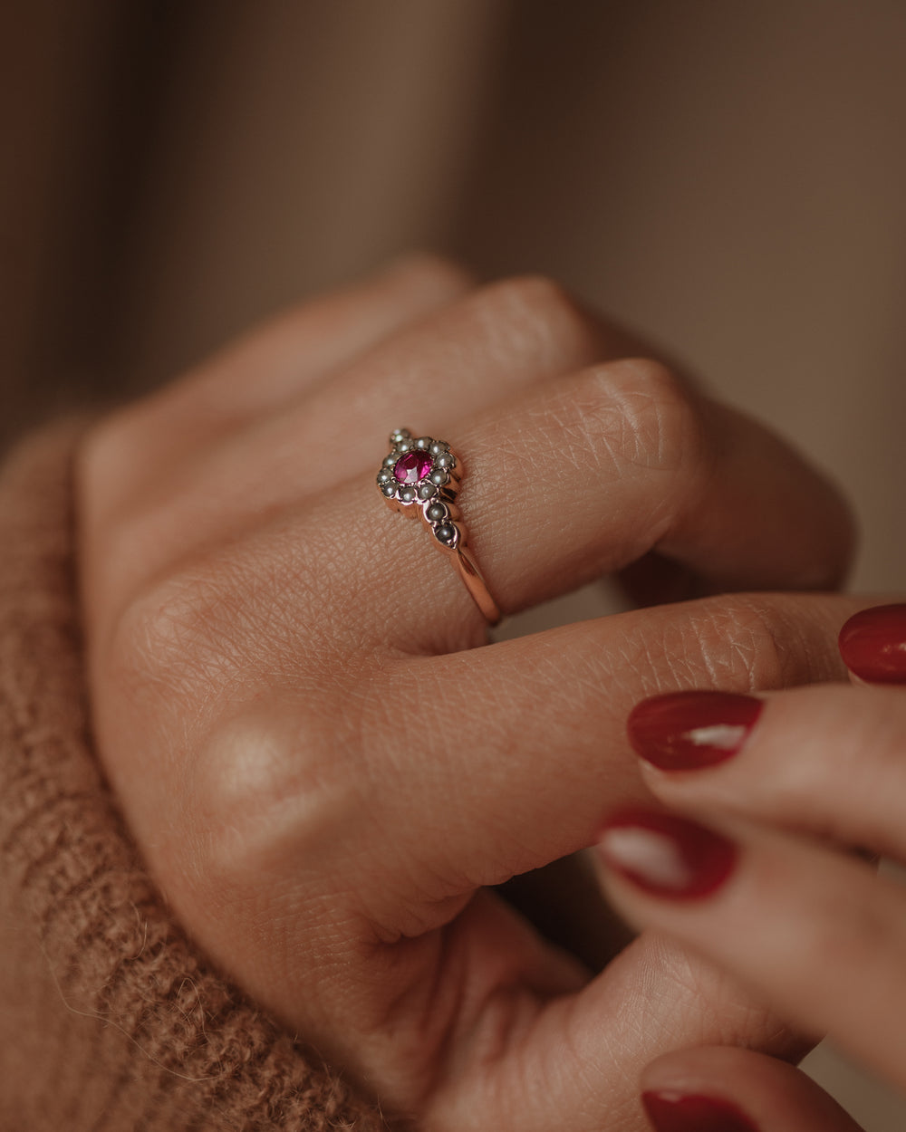 Alma 1897 Antique 9ct Gold Ruby & Pearl Cluster Ring