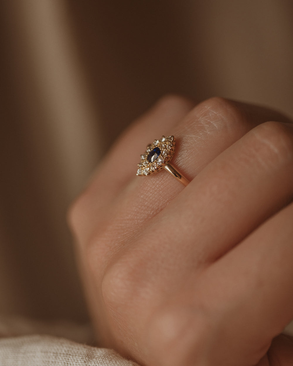 Martha 1918 18ct Gold Sapphire & Diamond Navette Ring