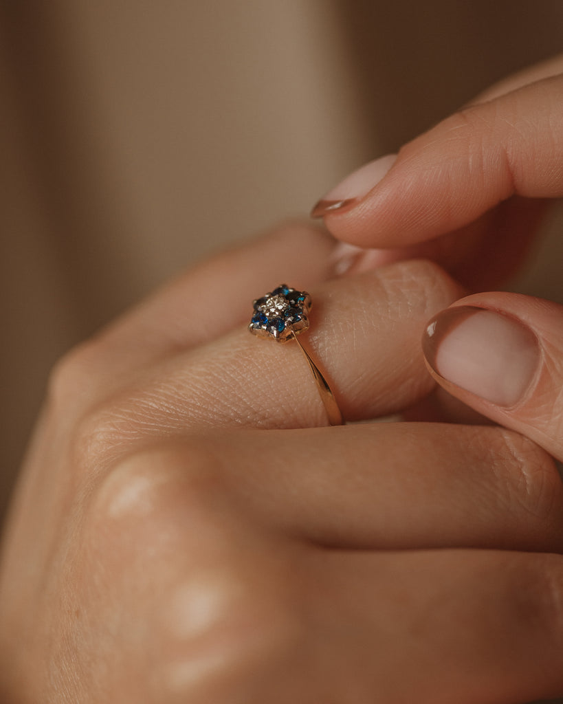 Mary 1965 Vintage 18ct Gold Sapphire & Diamond Flower Cluster Ring