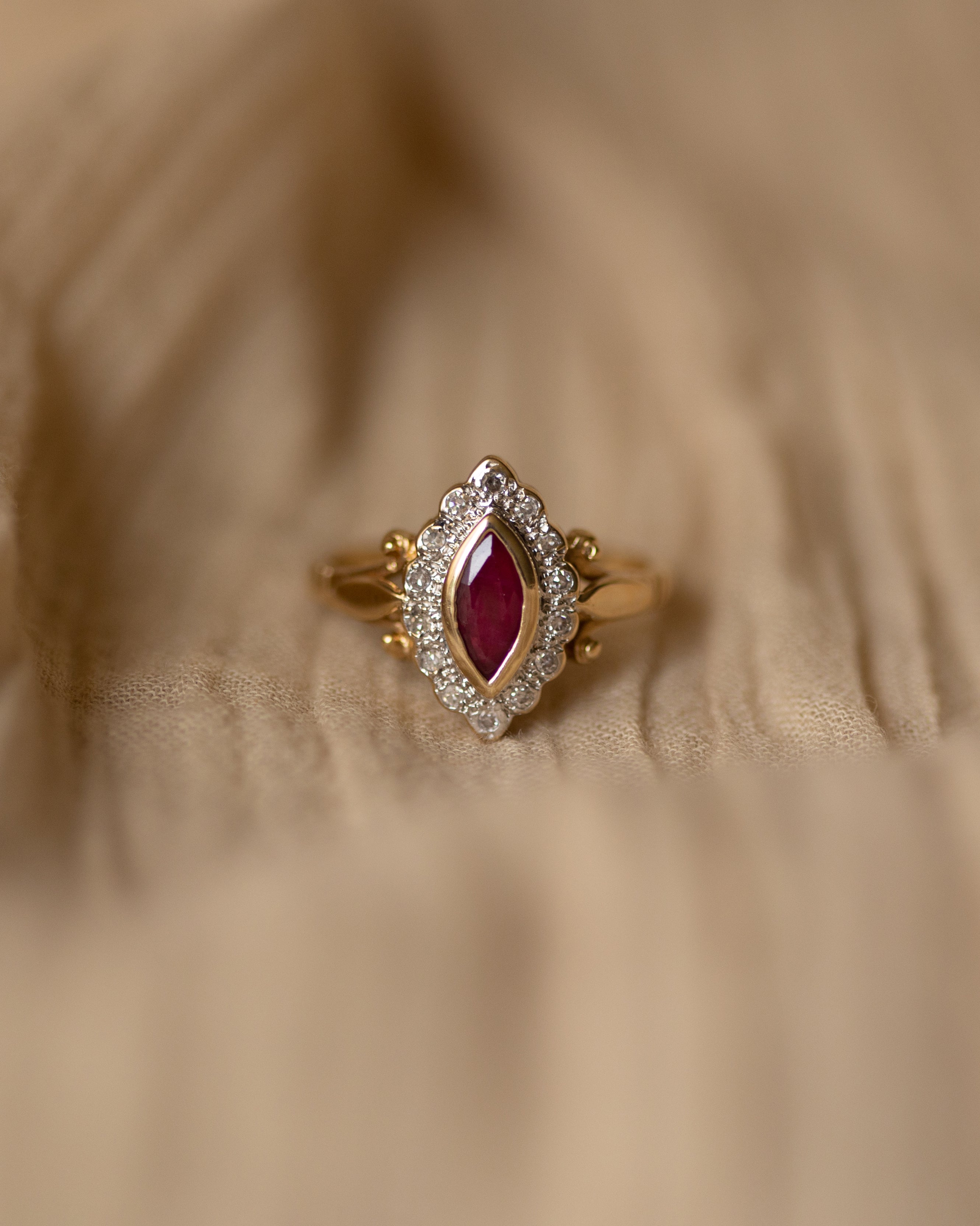 Irina Vintage 9ct Gold Ruby & Diamond Marquise Cluster Ring