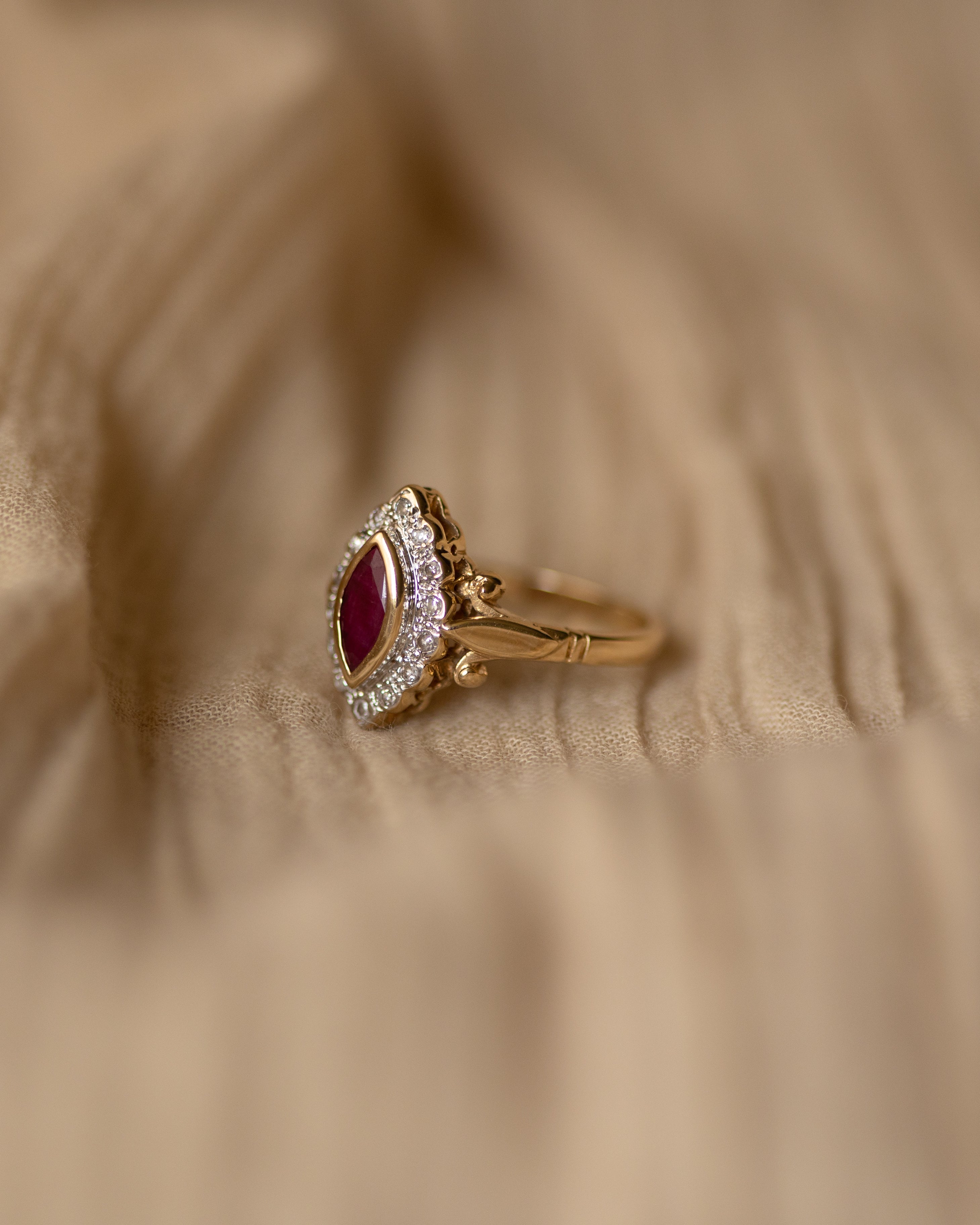 Irina Vintage 9ct Gold Ruby & Diamond Marquise Cluster Ring | Rock n Rose