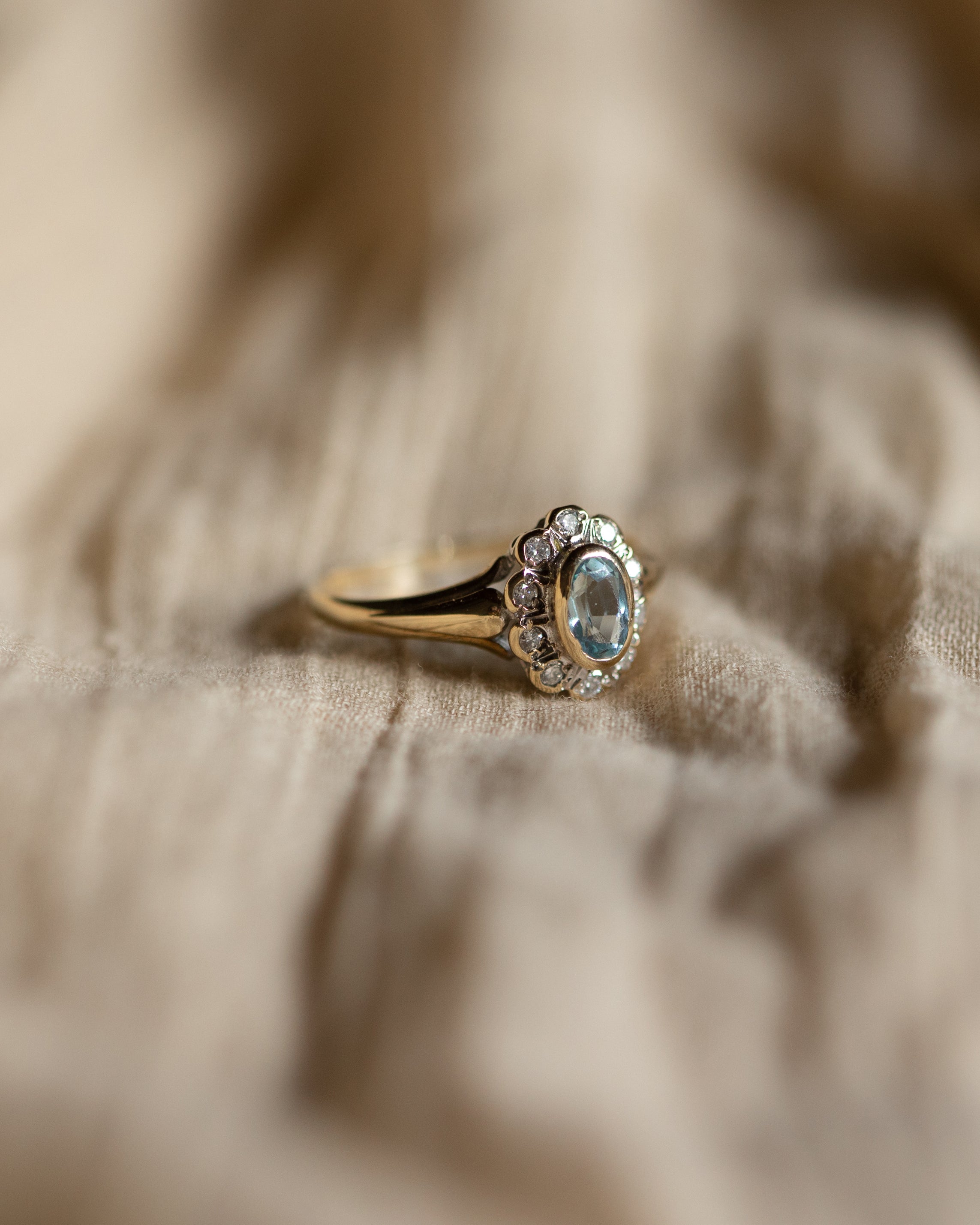 Felicity Vintage 9ct Gold Aquamarine & Diamond Flower Cluster Ring