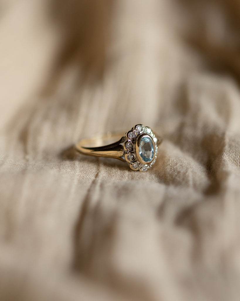 Felicity Vintage 9ct Gold Aquamarine & Diamond Flower Cluster Ring