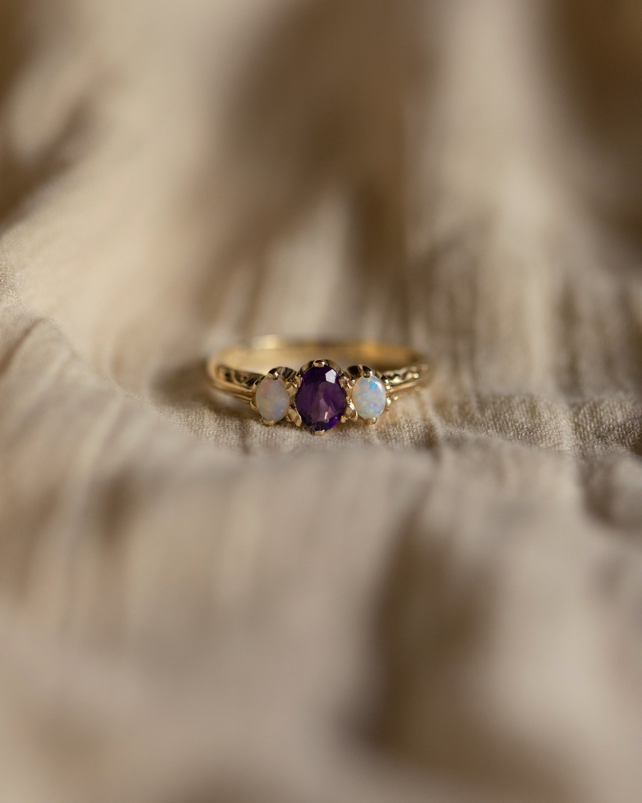 Norma Vintage 9ct Gold Amethyst & Opal Trilogy Ring