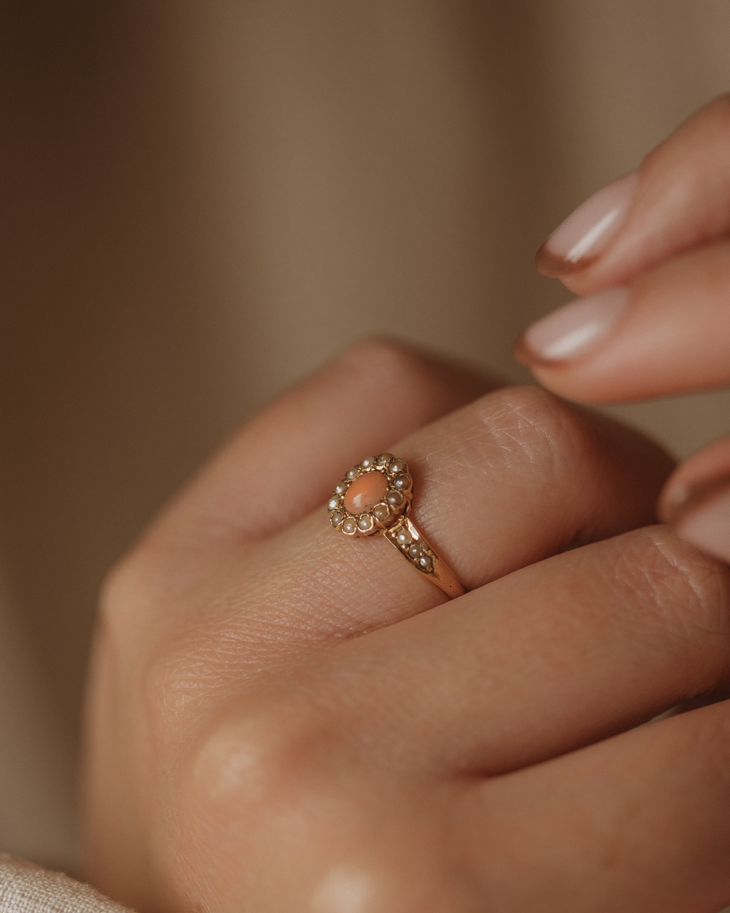 Clementine 1888 Antique 18ct Gold Coral & Pearl Cluster Ring