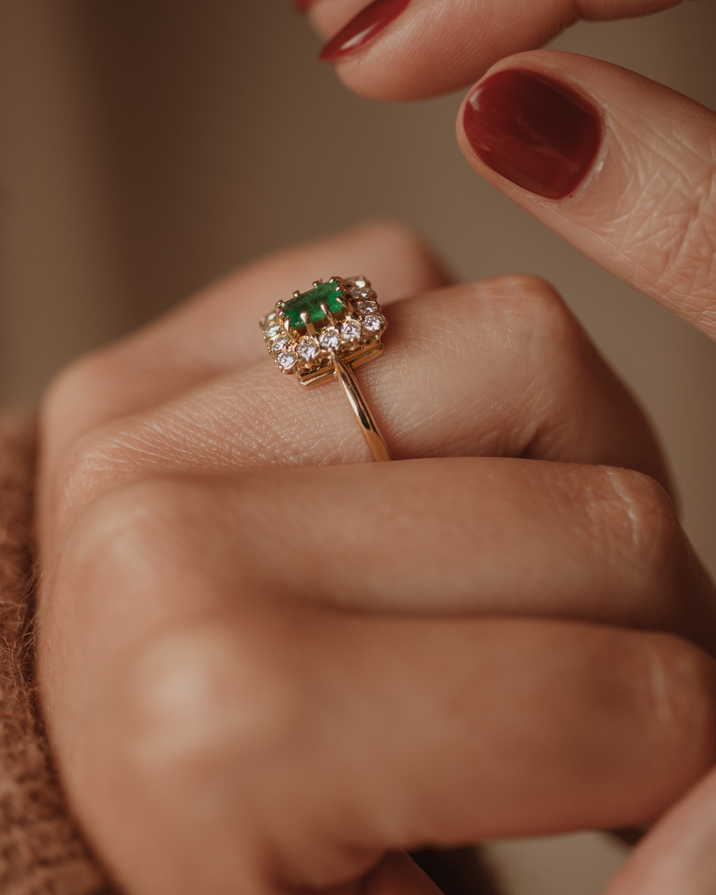 Greta 18ct Gold Emerald & Diamond Rectangular Cluster Ring