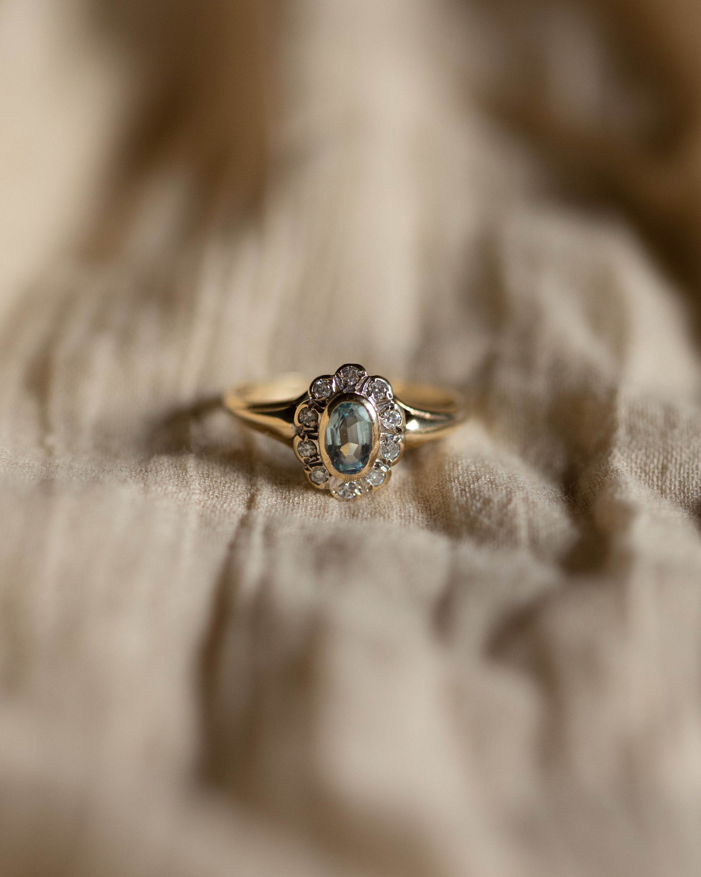 Image of Felicity Vintage 9ct Gold Aquamarine & Diamond Flower Cluster Ring