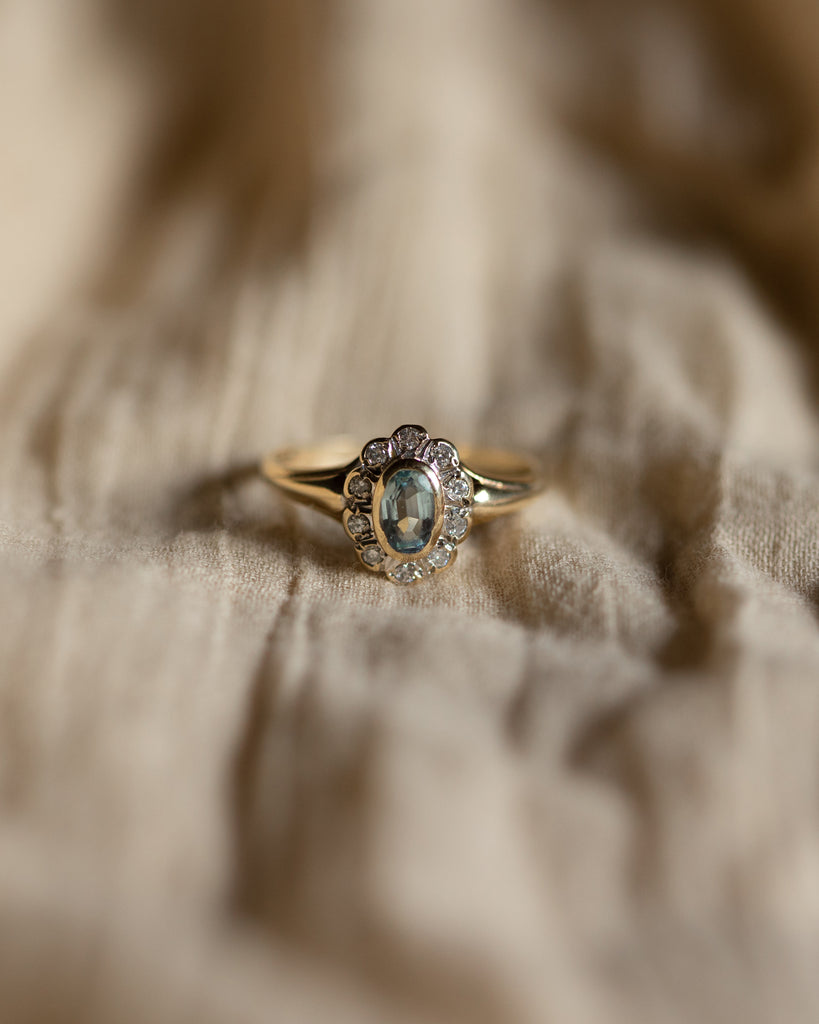 Felicity Vintage 9ct Gold Aquamarine & Diamond Flower Cluster Ring