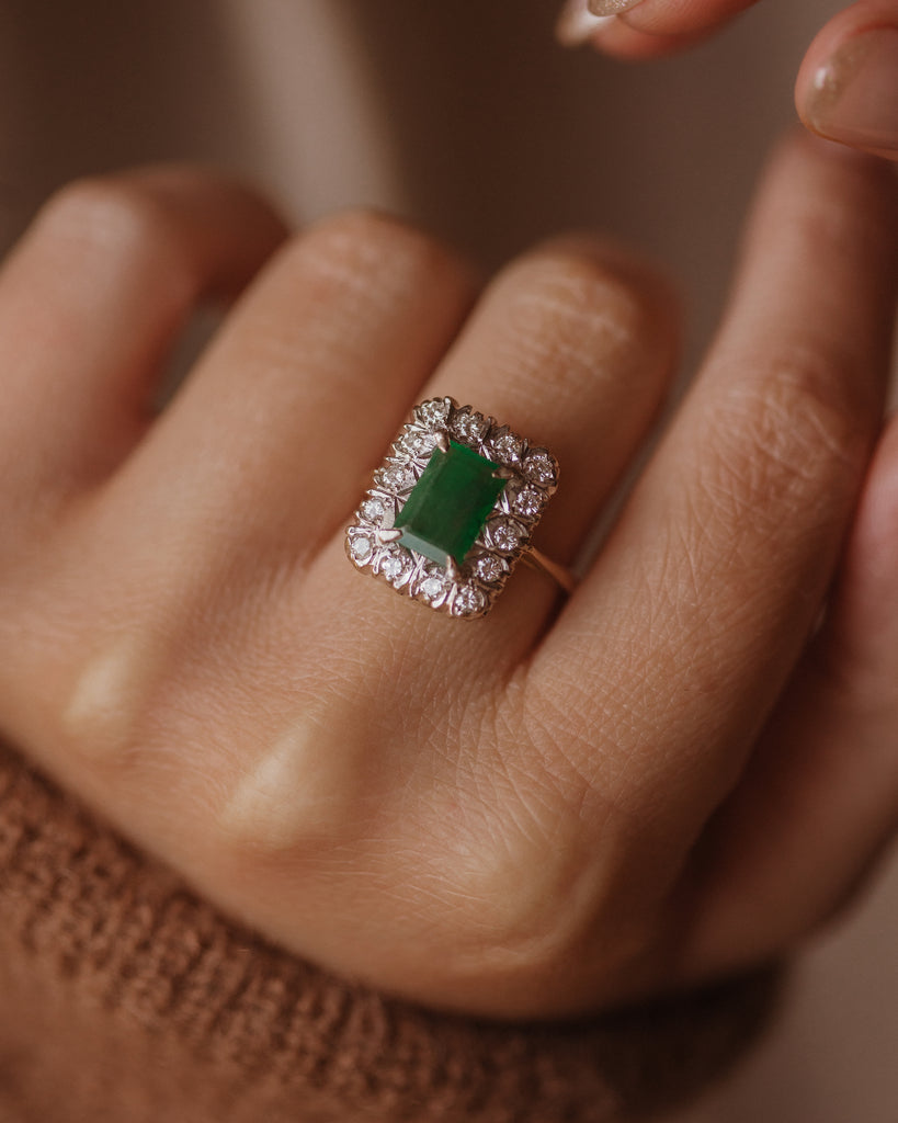 Josephine 1982 Vintage 18ct Gold Emerald & Diamond Rectangular Cluster Ring