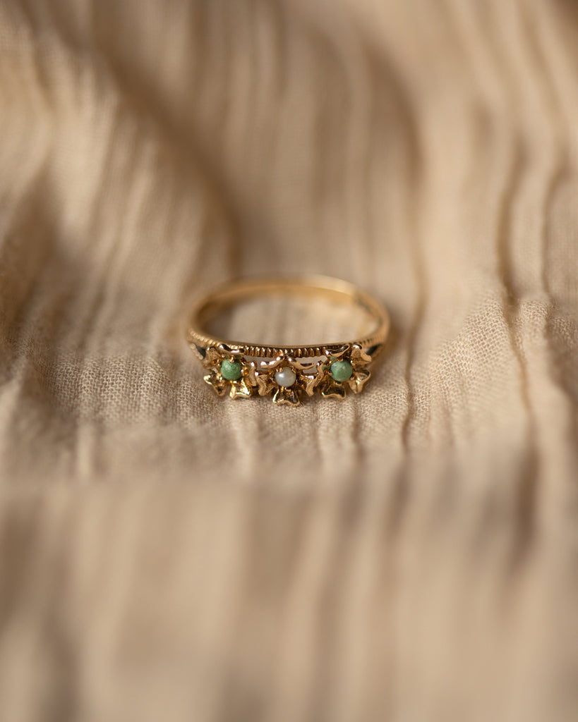 Gretchen 1969 Vintage 9ct Gold Pearl & Turquoise Flower Ring