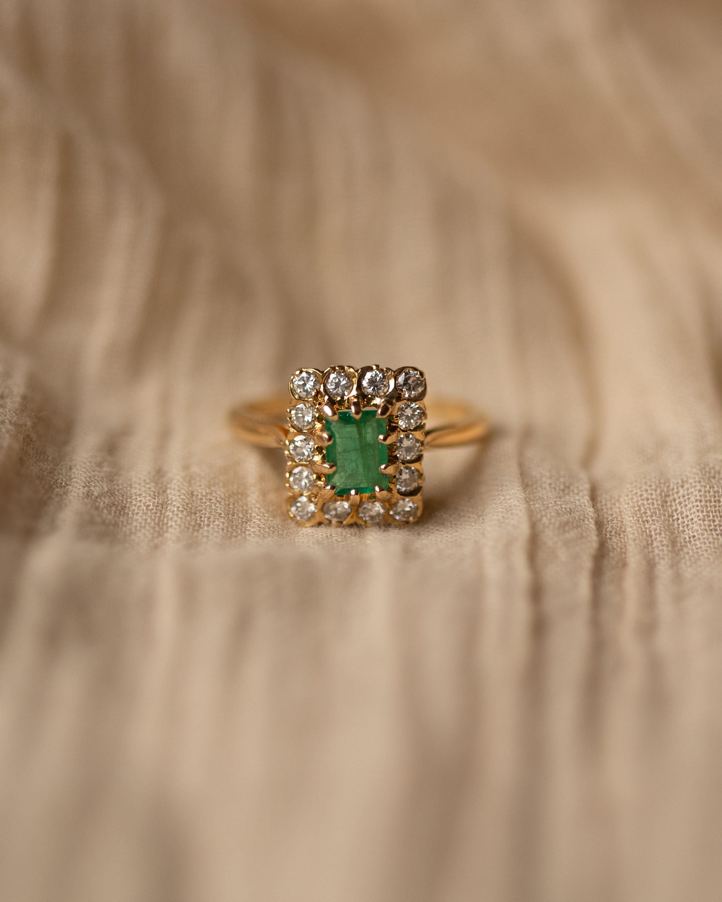 Greta 18ct Gold Emerald & Diamond Rectangular Cluster Ring