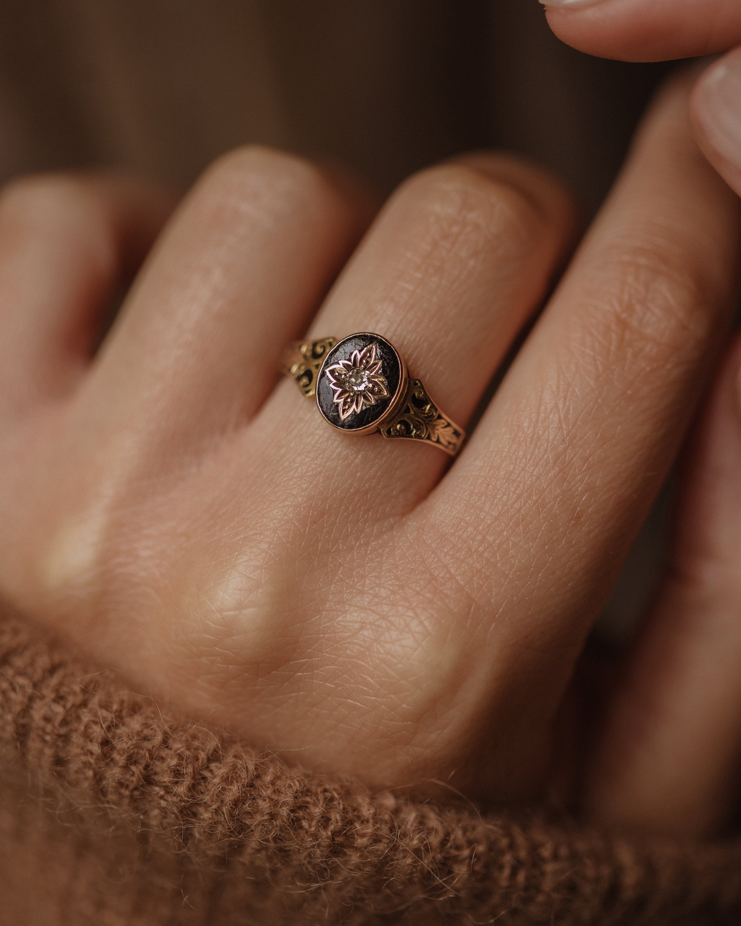 Image of Petra 1880 Victorian Antique 15ct Gold Black Enamel & Diamond Ring