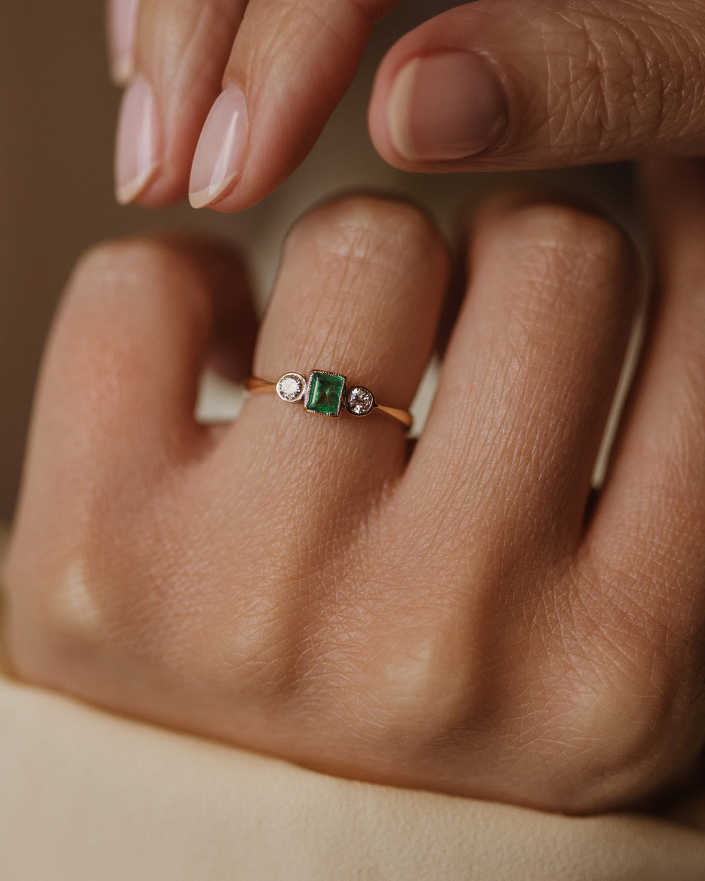 Marjorie Vintage 18ct Gold Emerald & Diamond Trilogy Ring