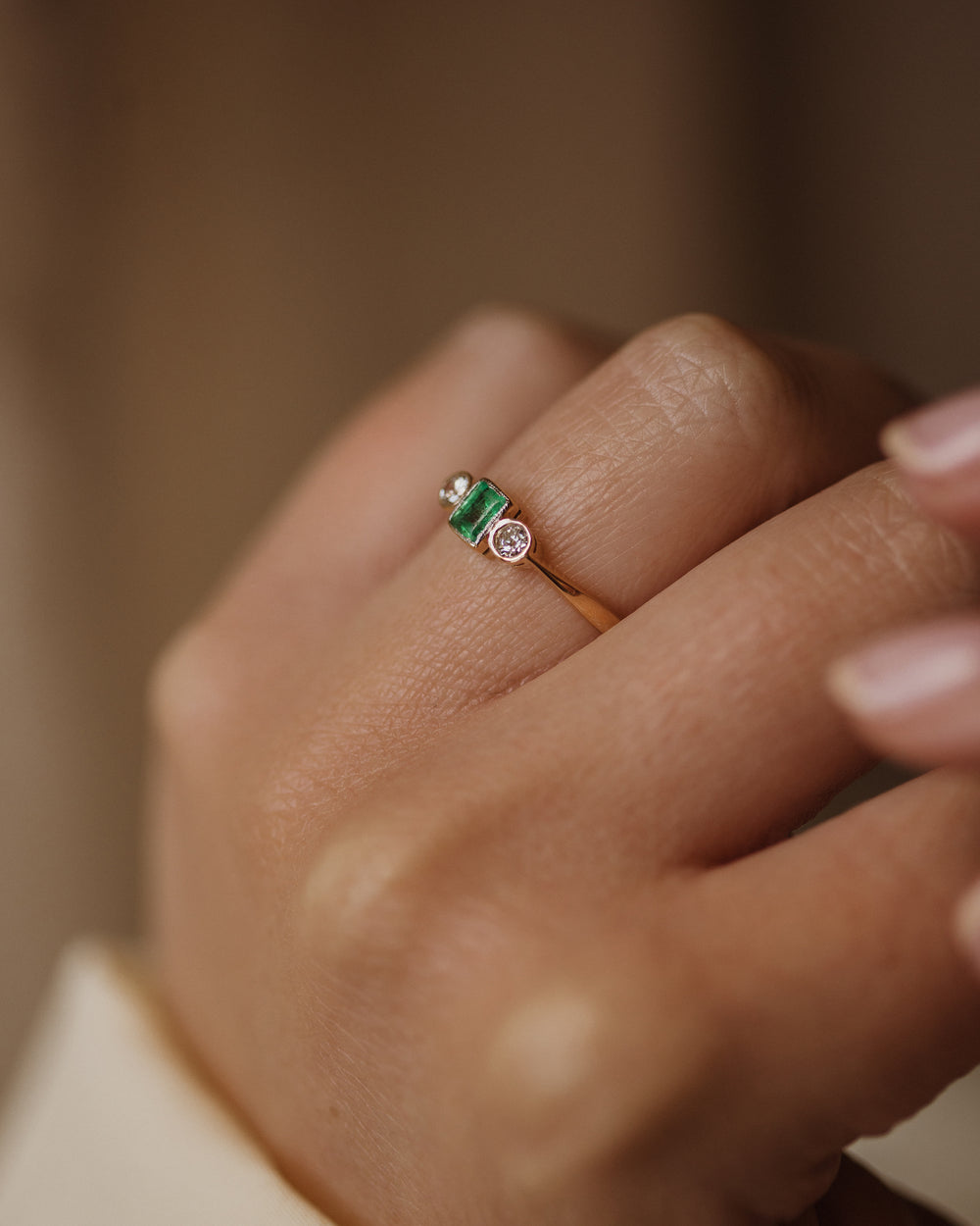 Marjorie Vintage 18ct Gold Emerald & Diamond Trilogy Ring