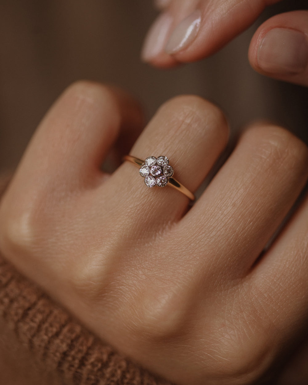 Cecily 1918 Antique 18ct Gold Diamond Daisy Cluster Ring