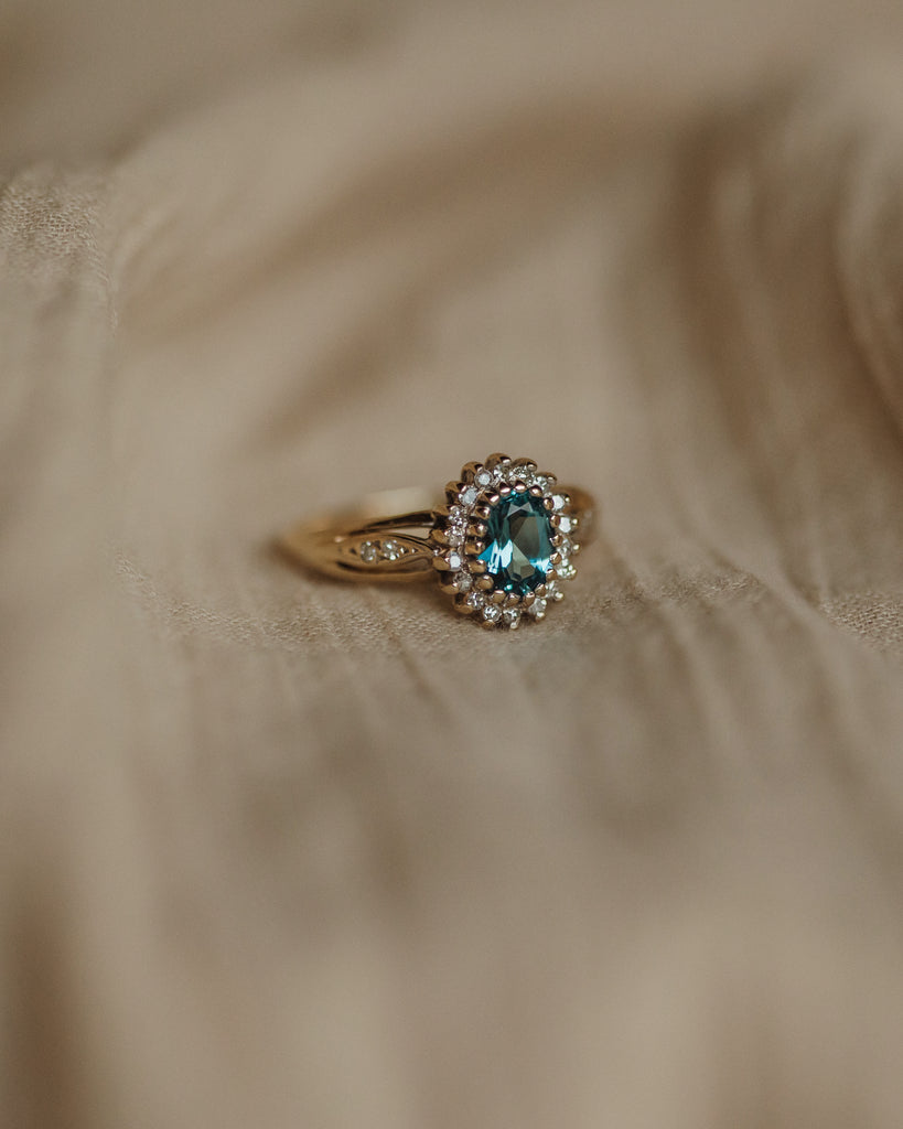 Laverne 1989 Vintage 9ct Gold Aquamarine & Diamond Cluster Ring
