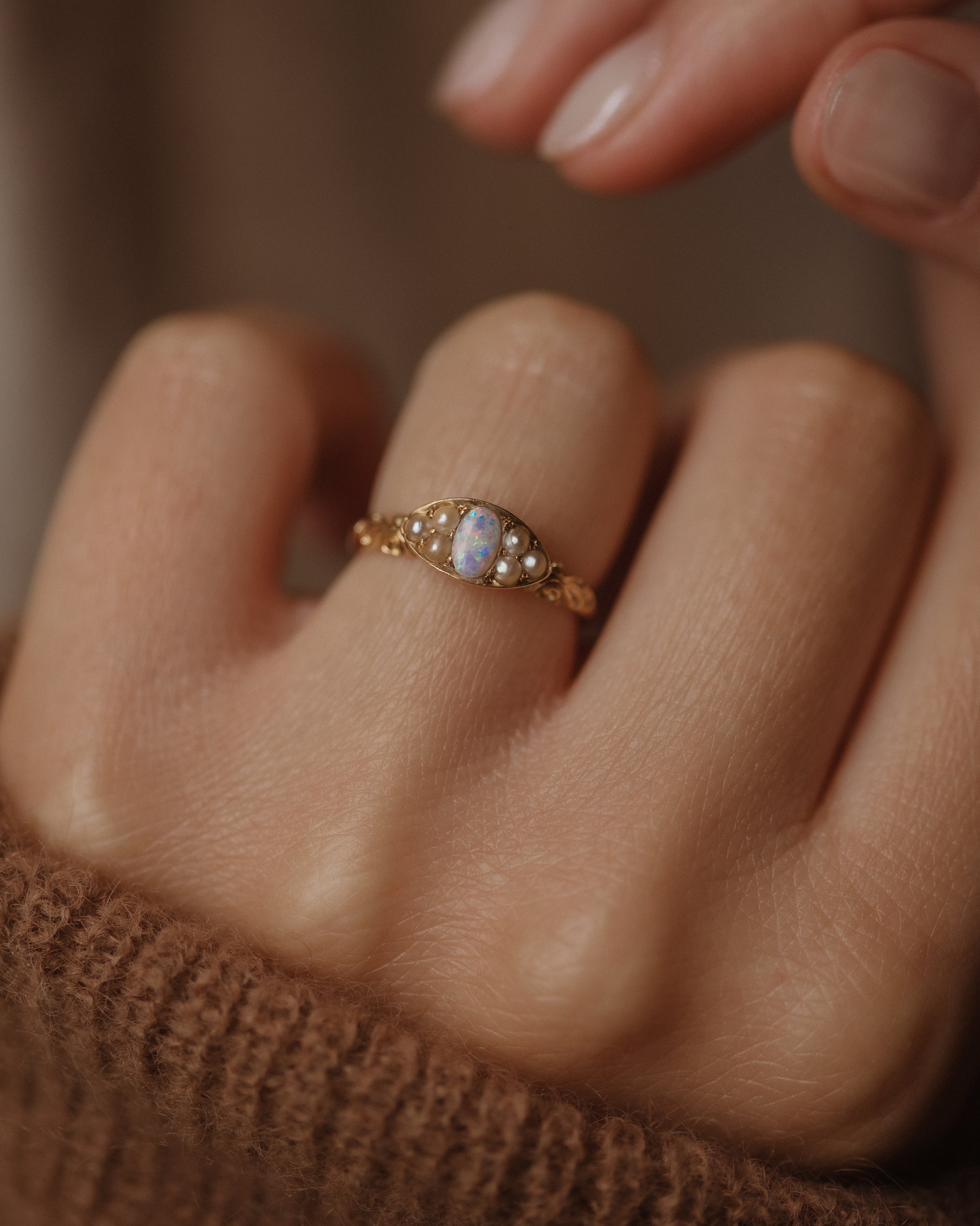 Wren 1893 Antique 18ct Gold Opal & Pearl Cluster Ring