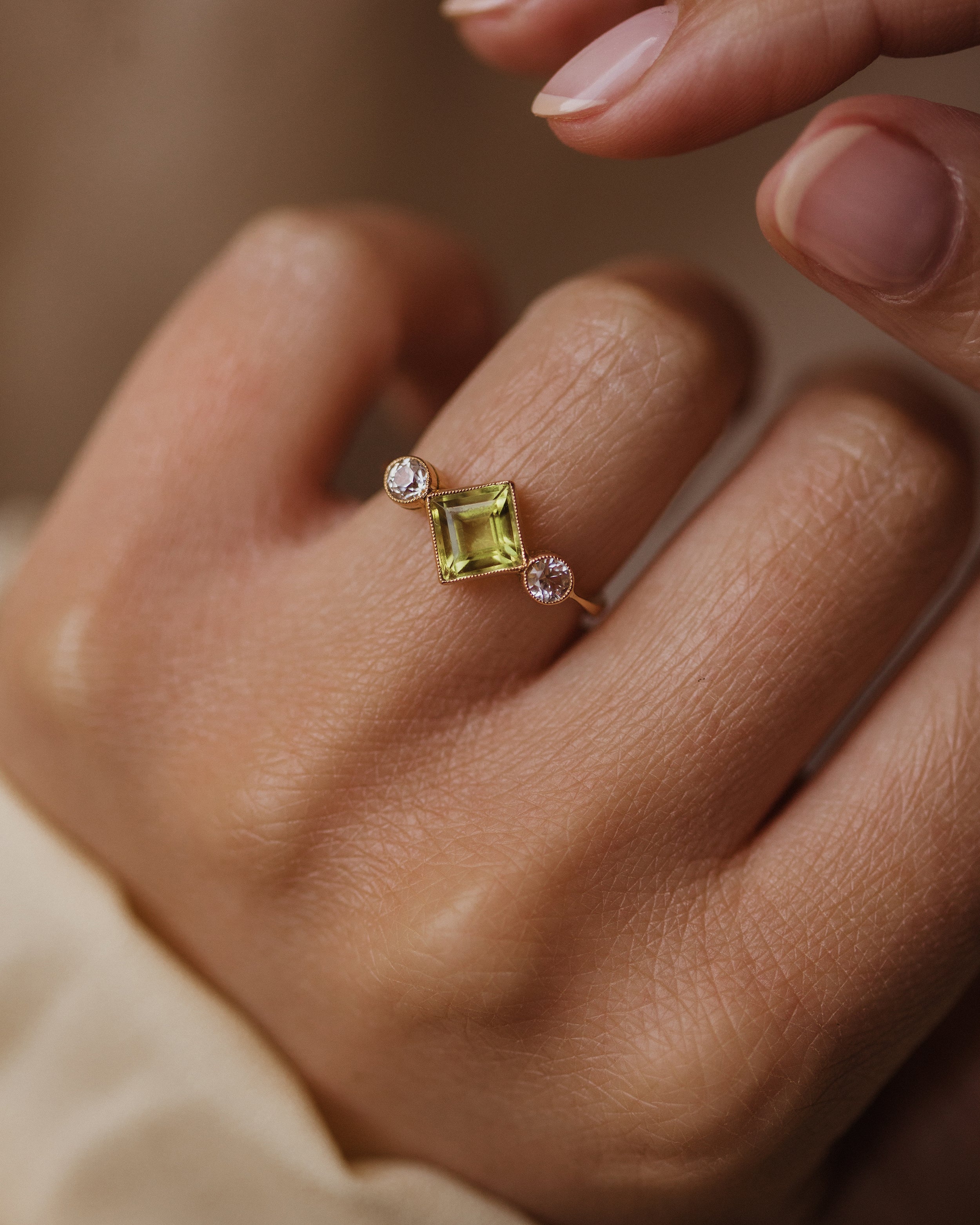 Image of Inez Antique 18ct Gold Green Paste & Sapphire Trilogy Ring