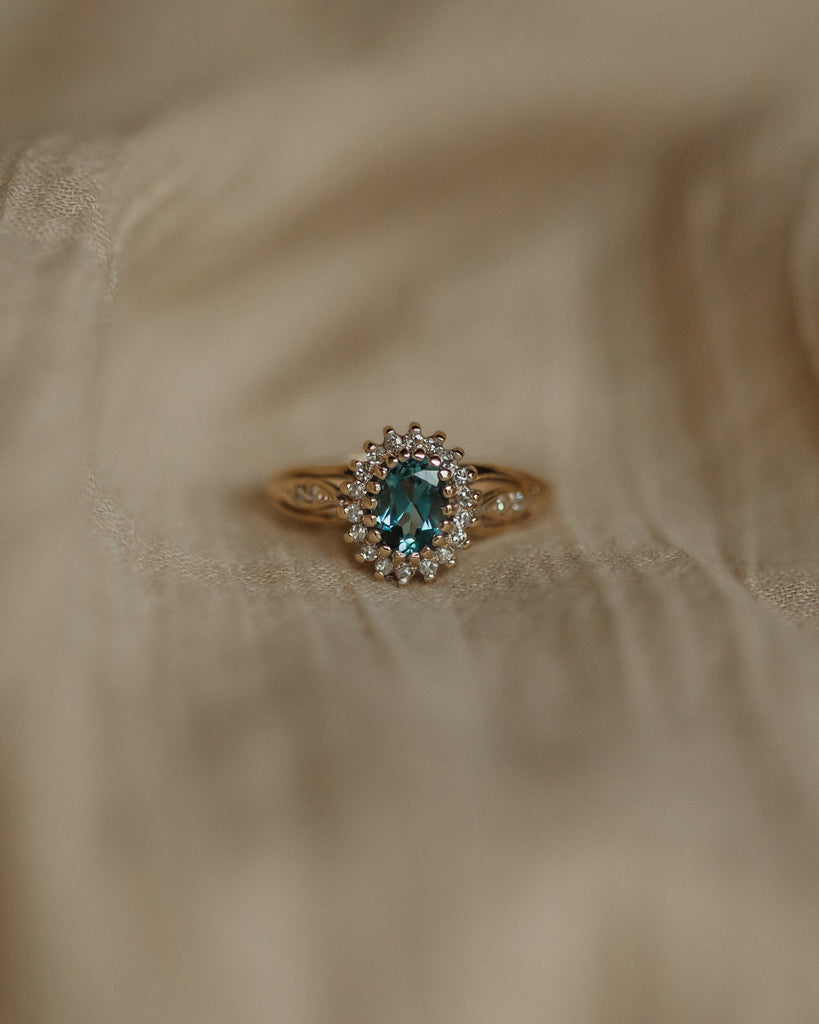 Laverne 1989 Vintage 9ct Gold Aquamarine & Diamond Cluster Ring