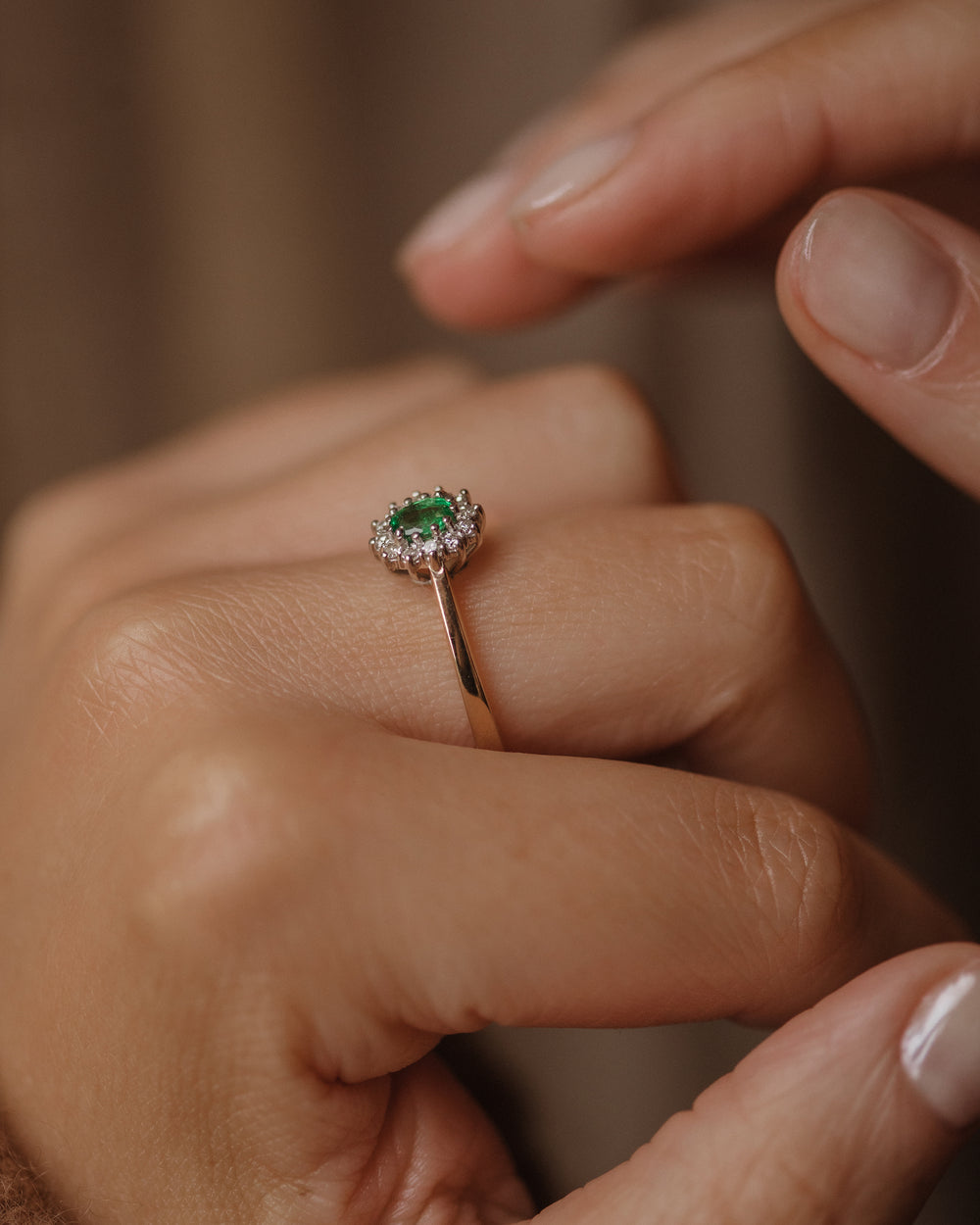 Nancy Vintage 9ct Gold Emerald & Diamond Cluster Ring