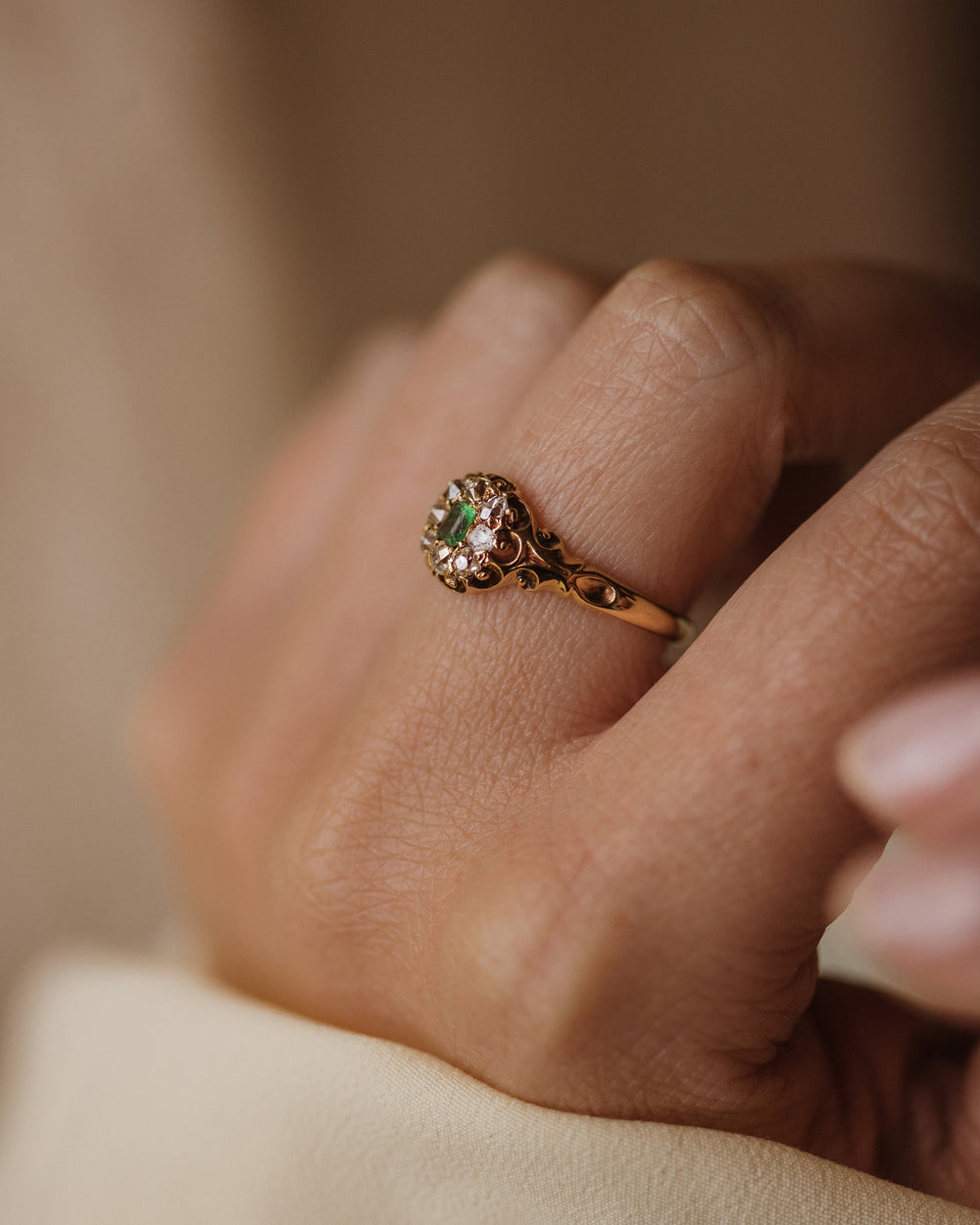 Odette Antique 18ct Gold Emerald & Diamond Cluster Ring