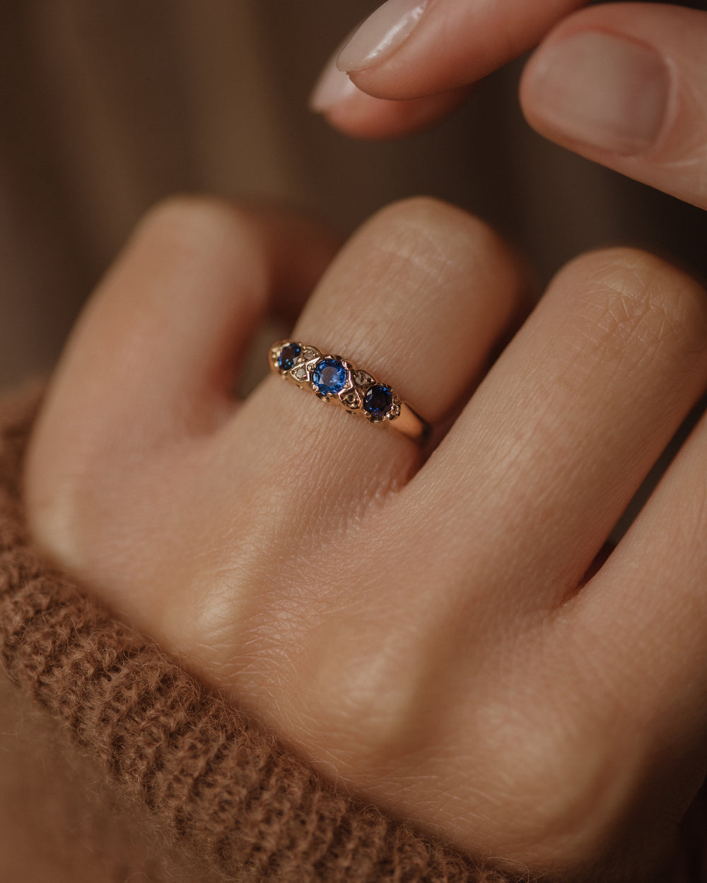 Thomasin 1899 Antique 9ct Gold Sapphire & Diamond Seven Stone Ring