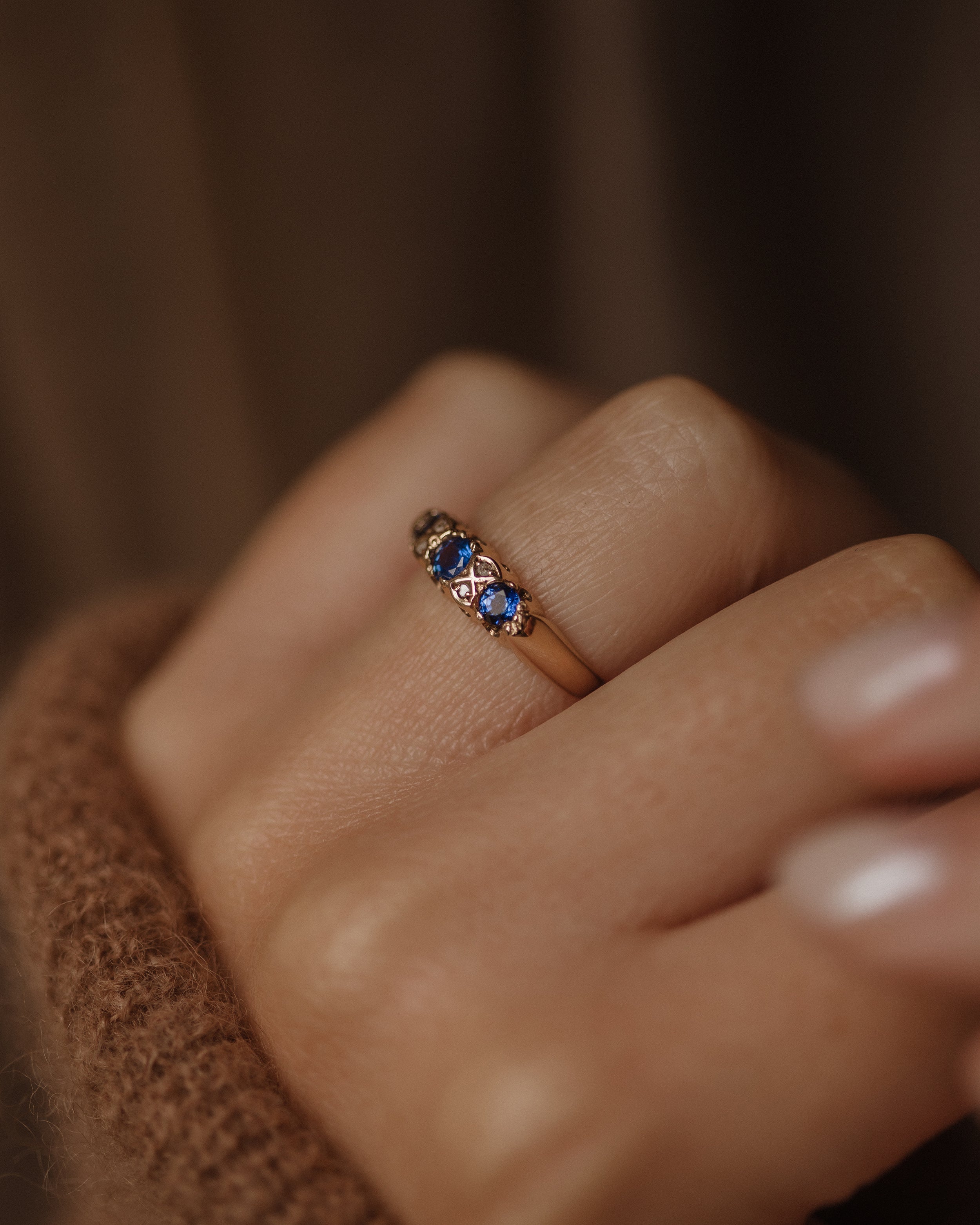 Thomasin 1899 Antique 9ct Gold Sapphire & Diamond Seven Stone Ring