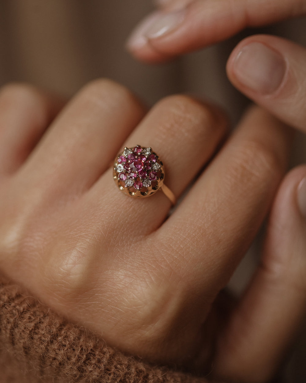 Trudy 1973 Vintage 9ct Gold Ruby & Diamond Cluster Ring