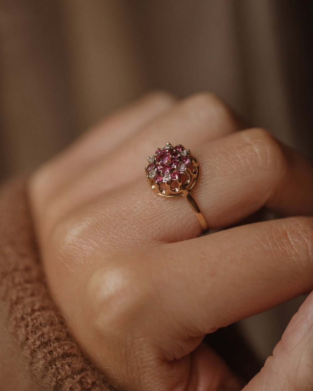 Trudy 1973 Vintage 9ct Gold Ruby & Diamond Cluster Ring