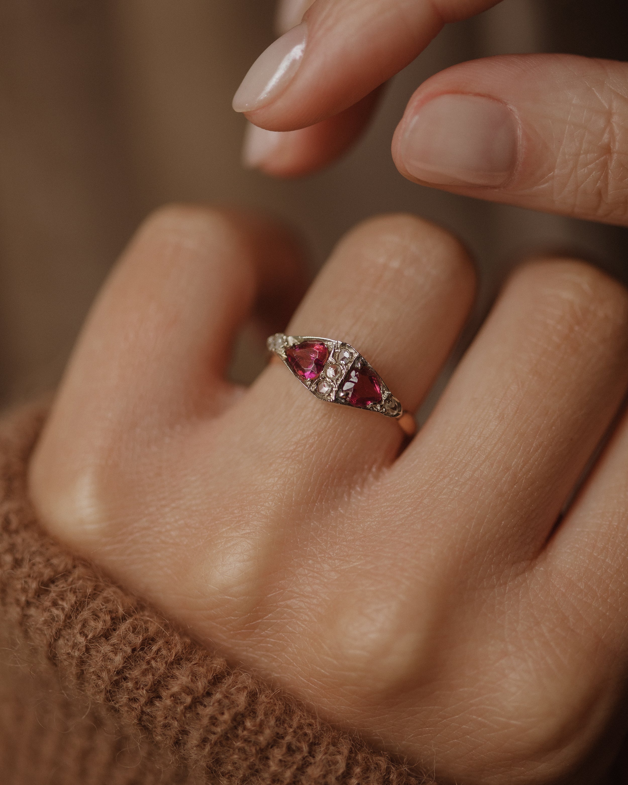 Image of Lucy 1896 Antique 18ct Gold Heart-Shaped Garnet & Diamond Ring