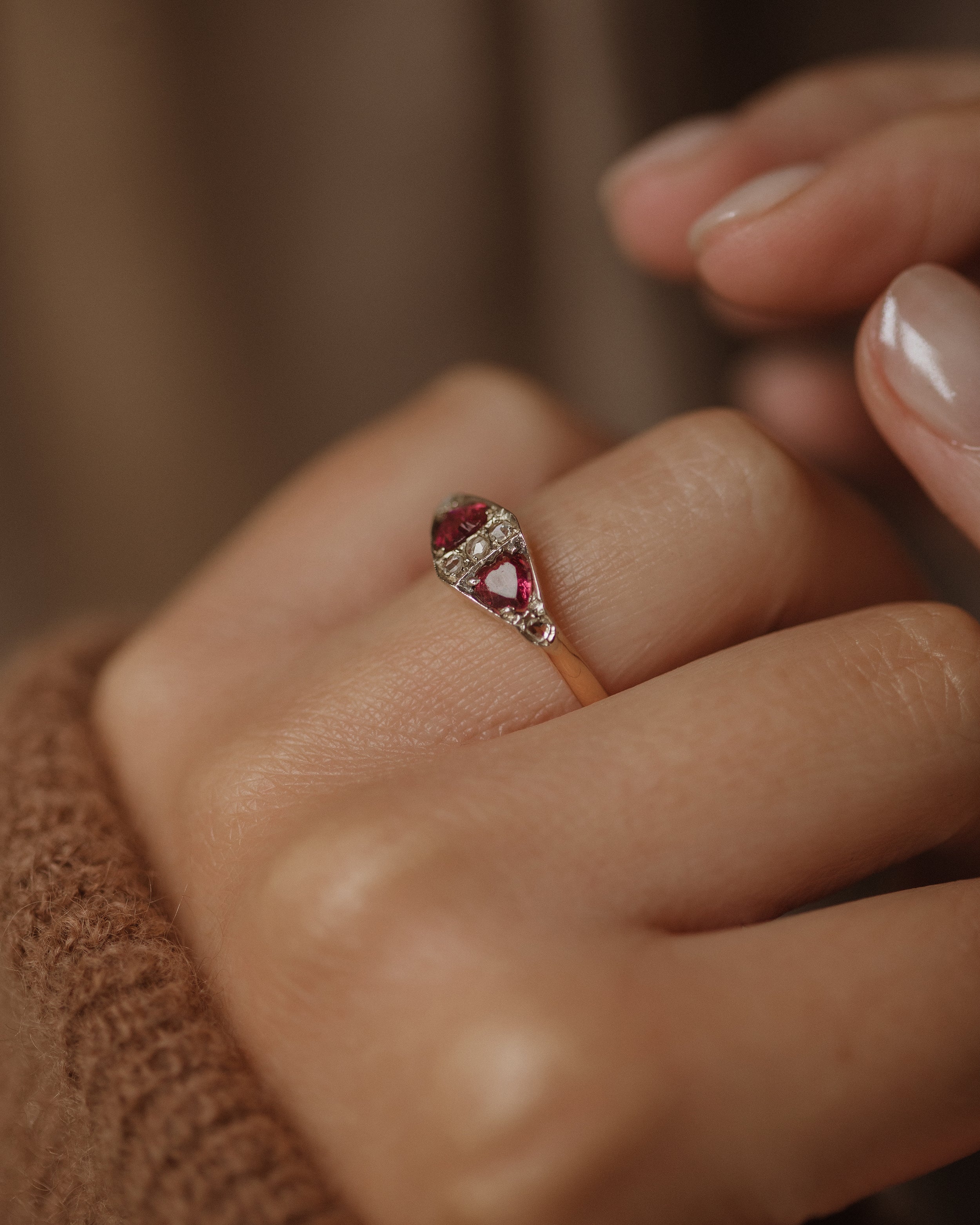 Lucy 1896 Antique 18ct Gold Heart-Shaped Garnet & Diamond Ring