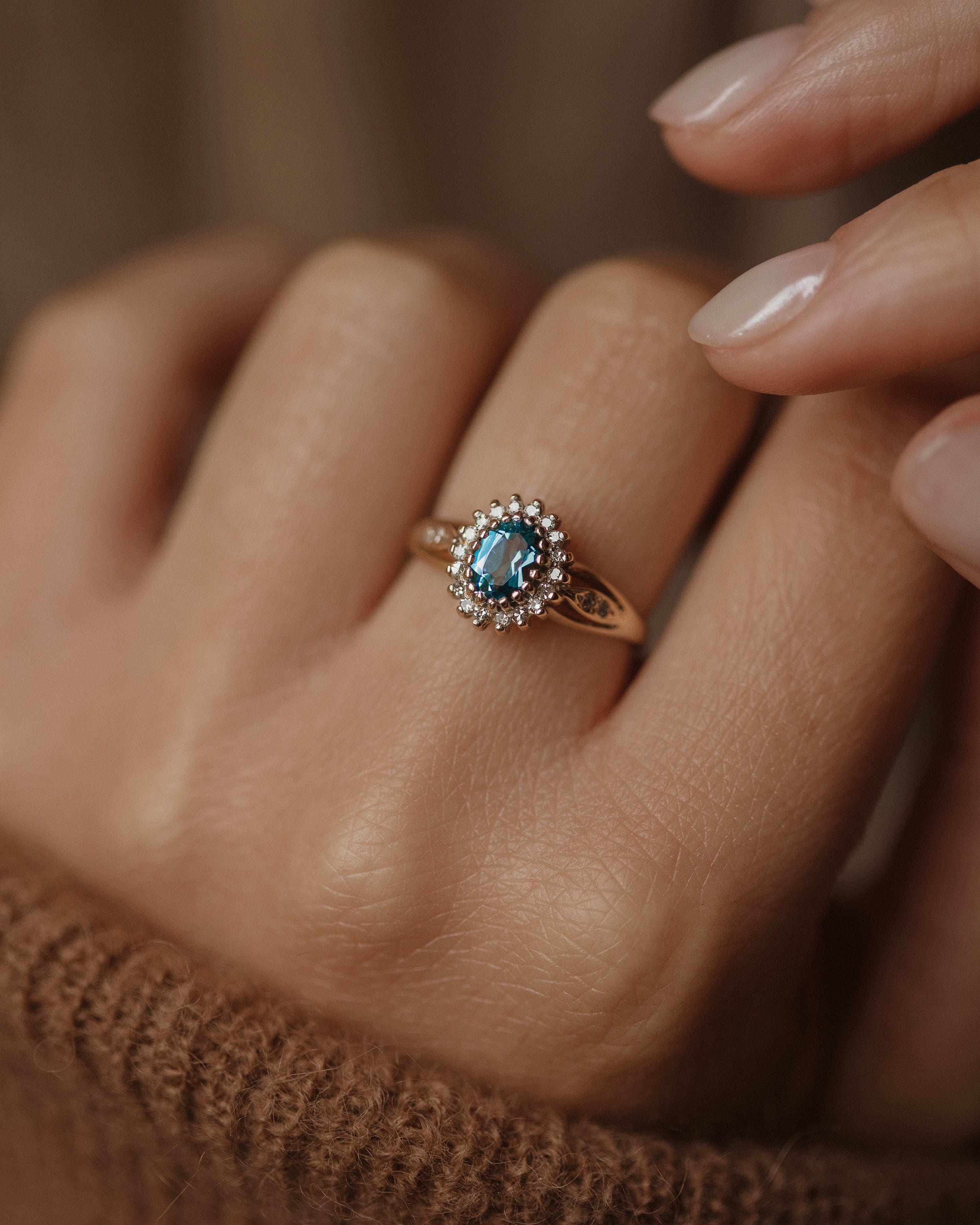 Image of Laverne 1989 Vintage 9ct Gold Aquamarine & Diamond Cluster Ring