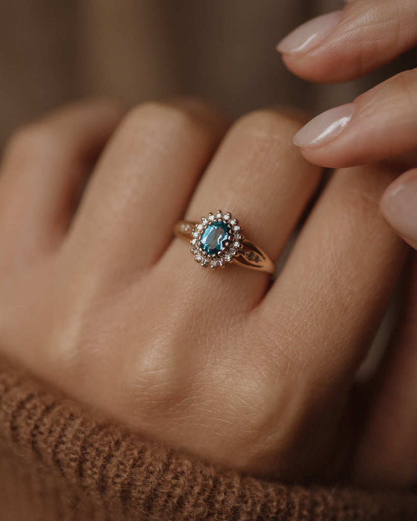 Laverne 1989 Vintage 9ct Gold Aquamarine & Diamond Cluster Ring