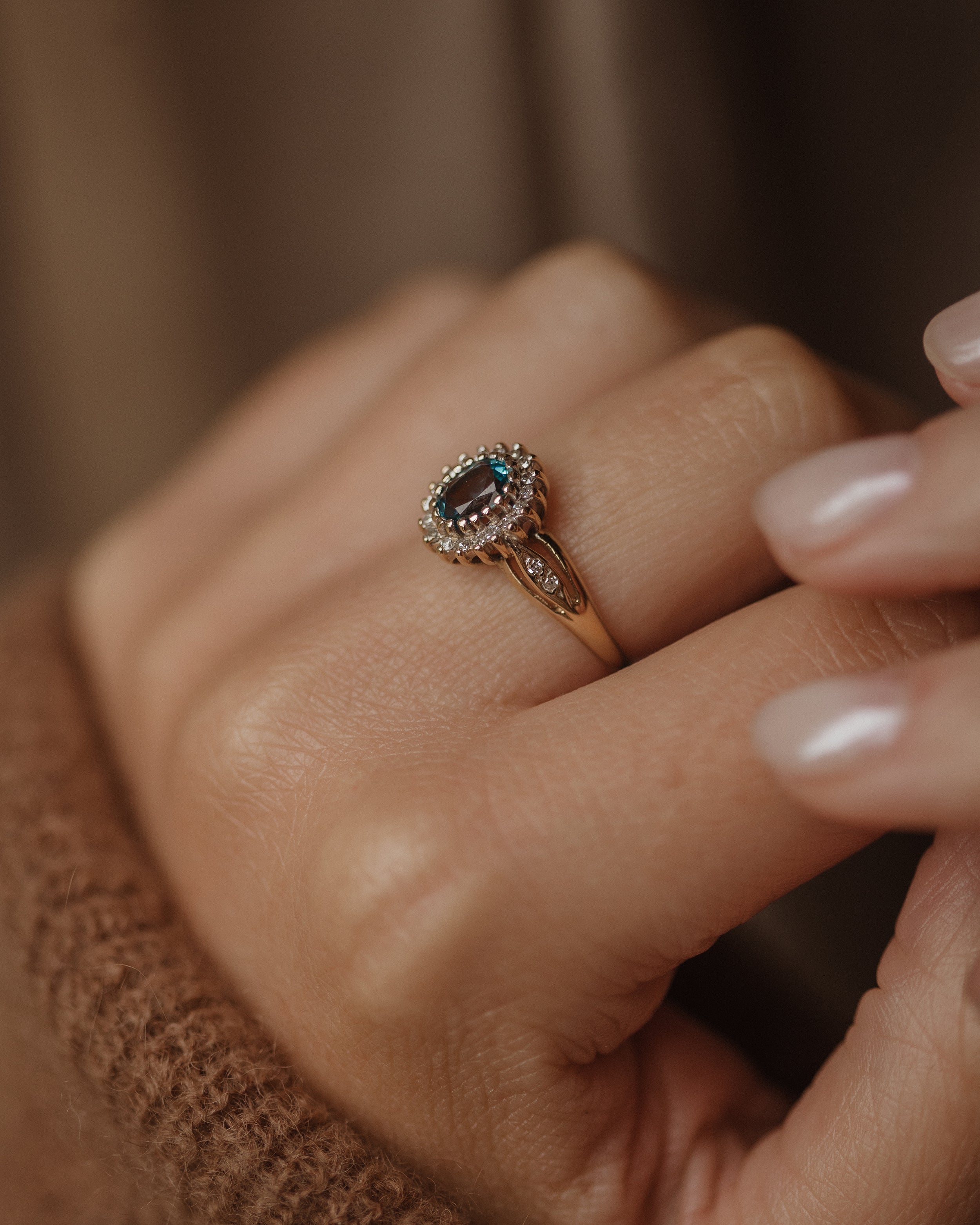 Laverne 1989 Vintage 9ct Gold Aquamarine & Diamond Cluster Ring