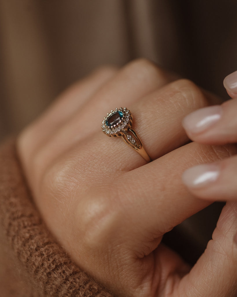 Laverne 1989 Vintage 9ct Gold Aquamarine & Diamond Cluster Ring