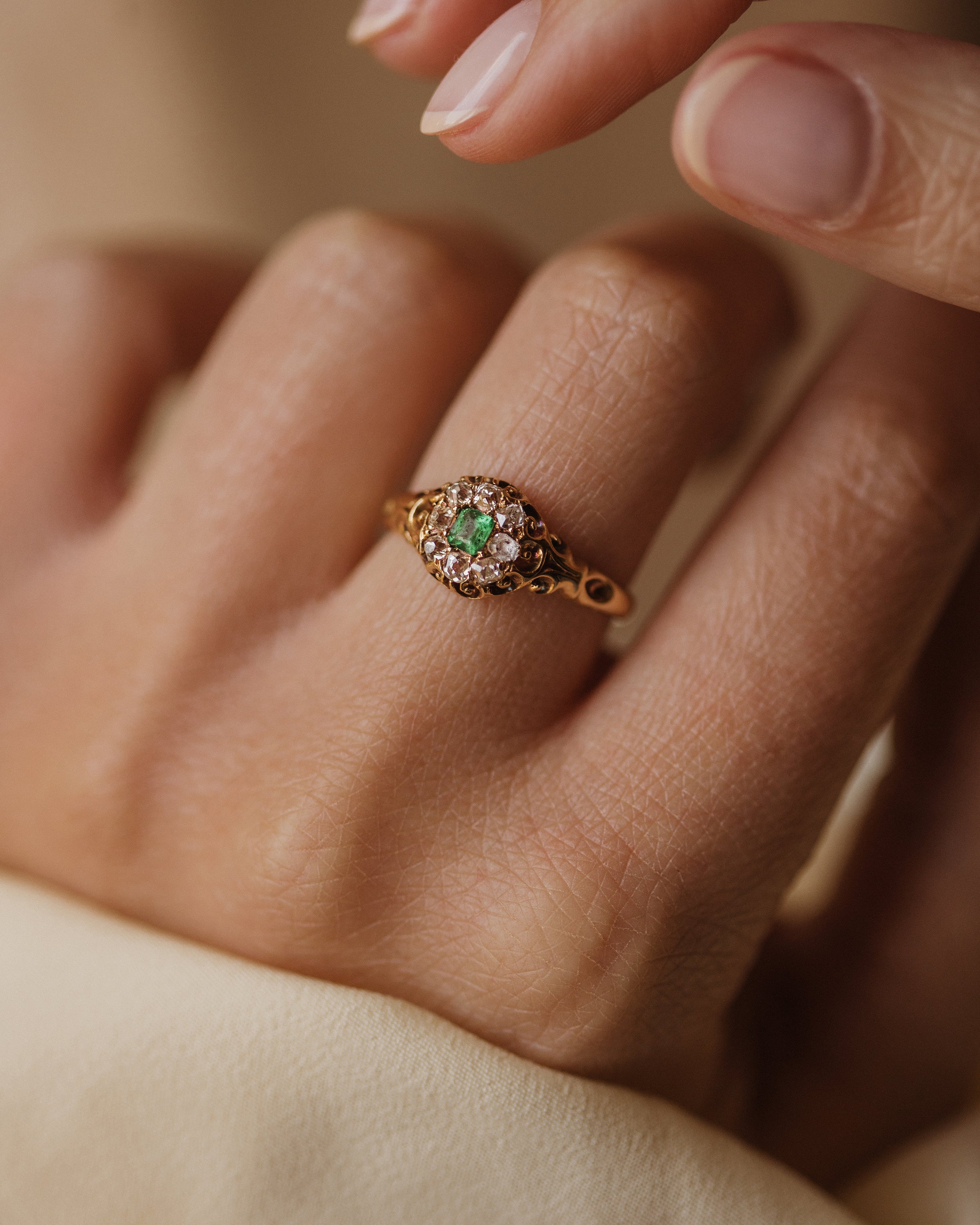Image of Odette Antique 18ct Gold Emerald & Diamond Cluster Ring