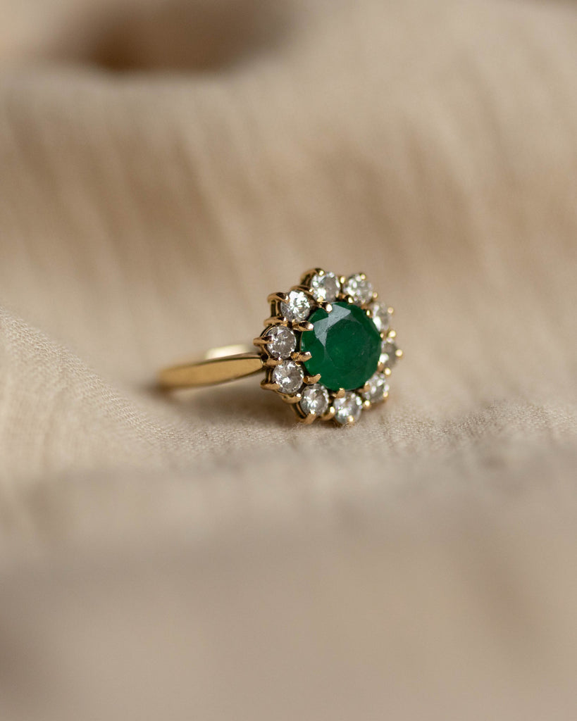 Germaine 1978 Vintage 18ct Gold Emerald & Diamond Cluster Ring