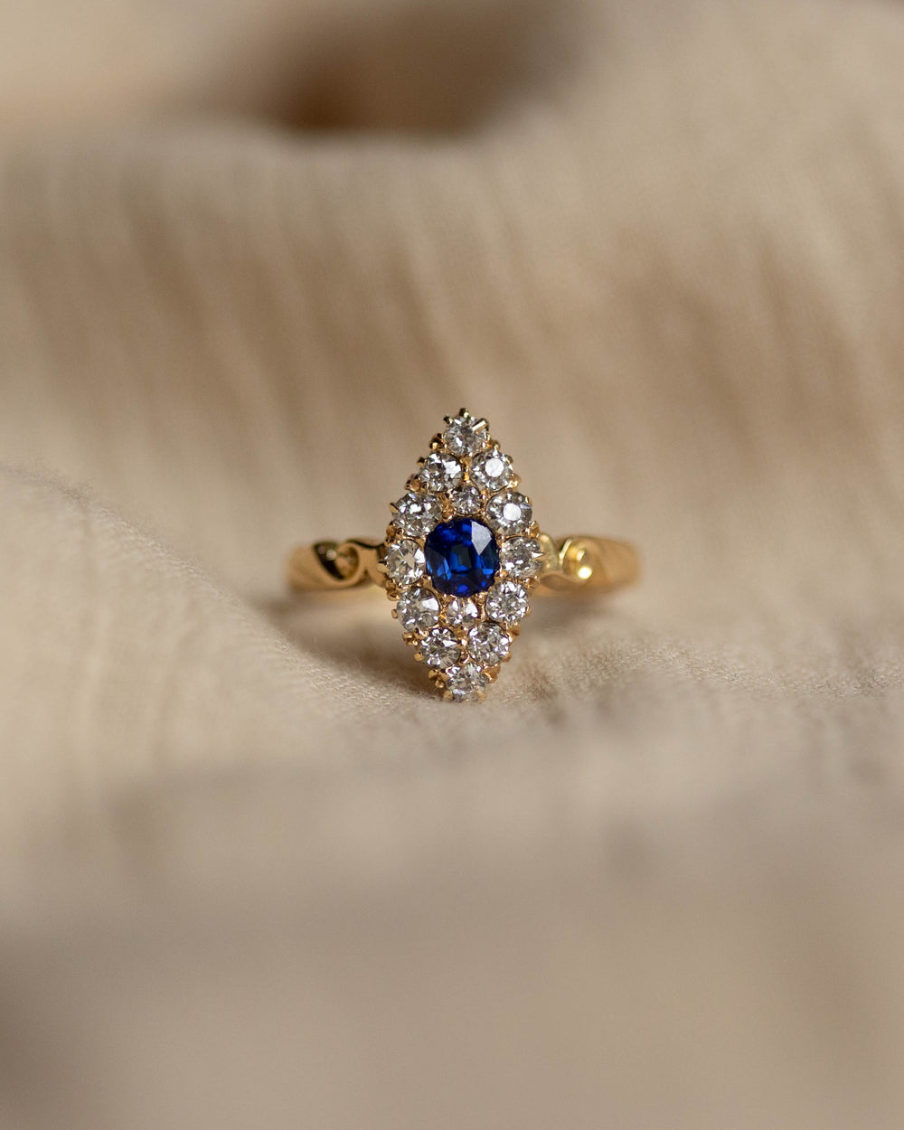 Gardenia 1918 Antique 18ct Gold Sapphire & Diamond Marquise Cluster Ring