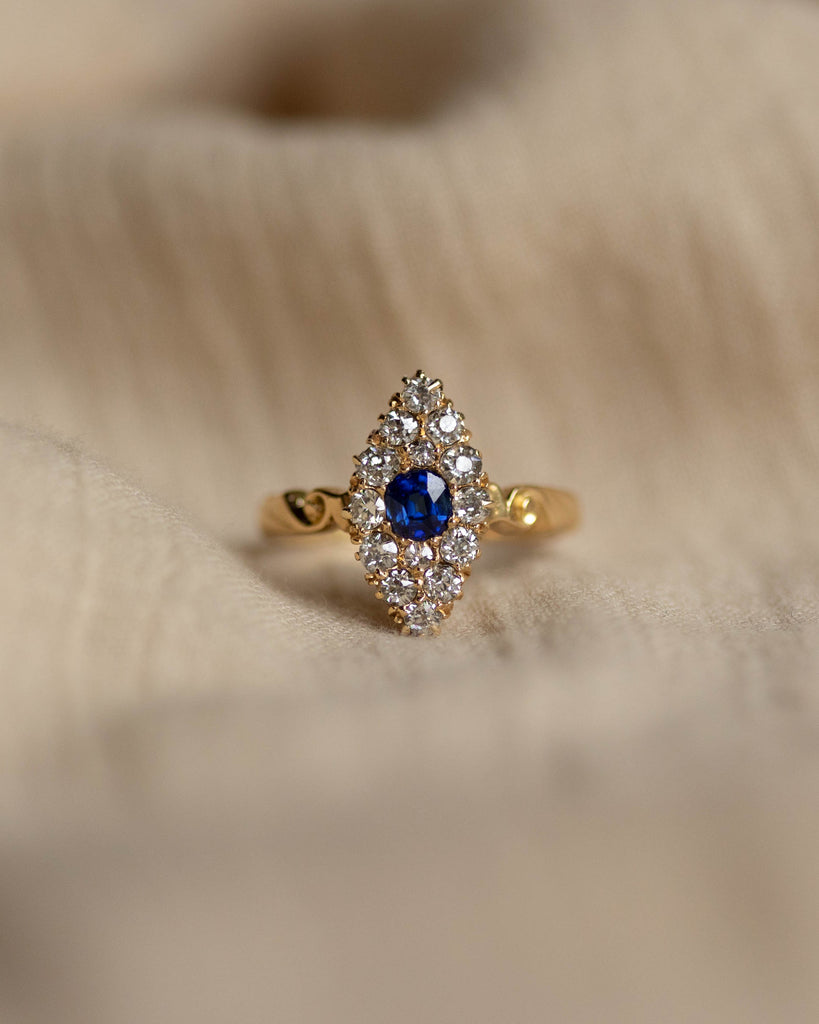 Gardenia 1918 Antique 18ct Gold Sapphire & Diamond Marquise Cluster Ring