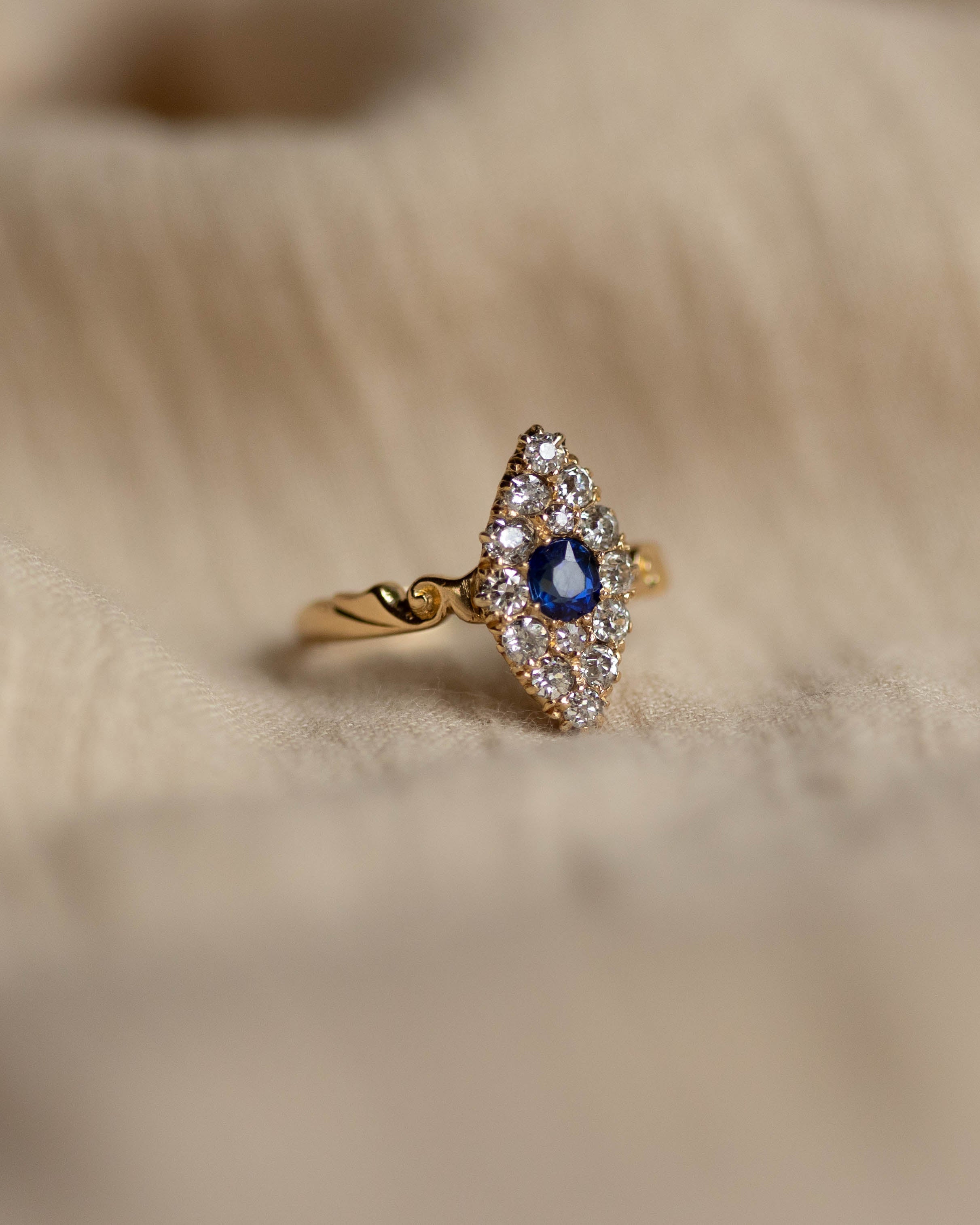 Gardenia 1918 Antique 18ct Gold Sapphire & Diamond Marquise Cluster Ring