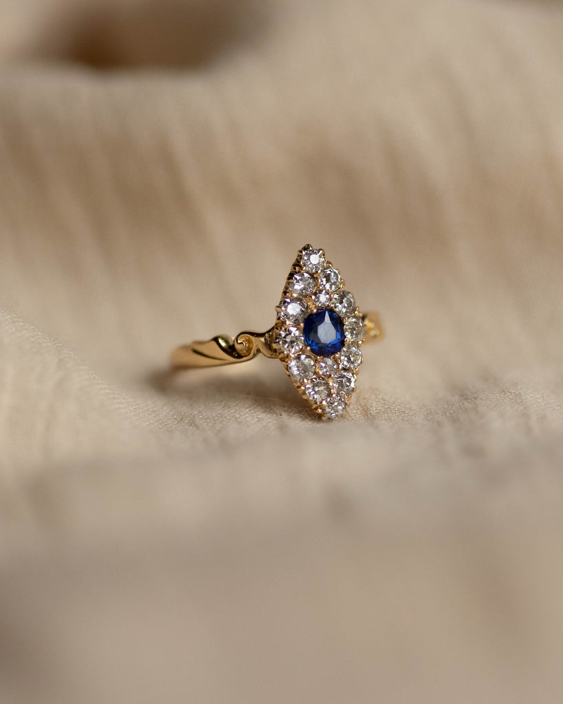 Gardenia 1918 Antique 18ct Gold Sapphire & Diamond Marquise Cluster Ring